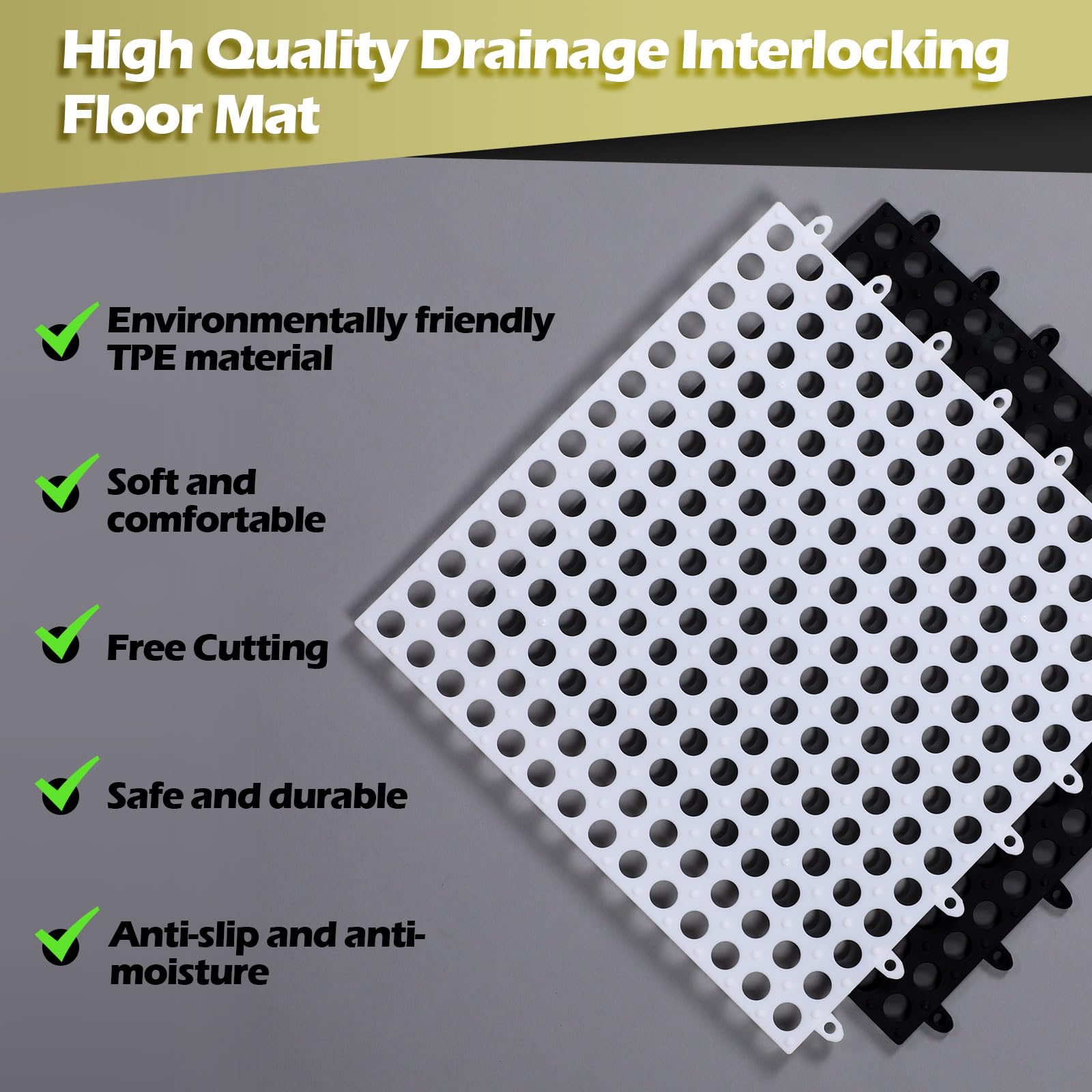 Tinideya 50 Pcs Drainage Interlocking Floor Tiles, 12'' x 12'' Soft TPE Non Slip Shower Floor Tiles for Pool Bathroom Shower Balcony Patio Locker Room Basement Stairs(Black and White) — Amazon image 6