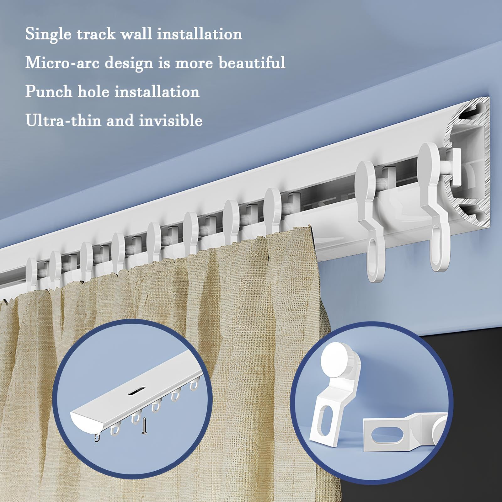 Tringle Rideau Système de Rail de Rideau Extra Fin en Aluminium, pour La Maison/Camping Car/Zone D'intimité, Rails à Rideaux au Plafond/au Mural(White-Wall,4.5m(3 * 1.5m))