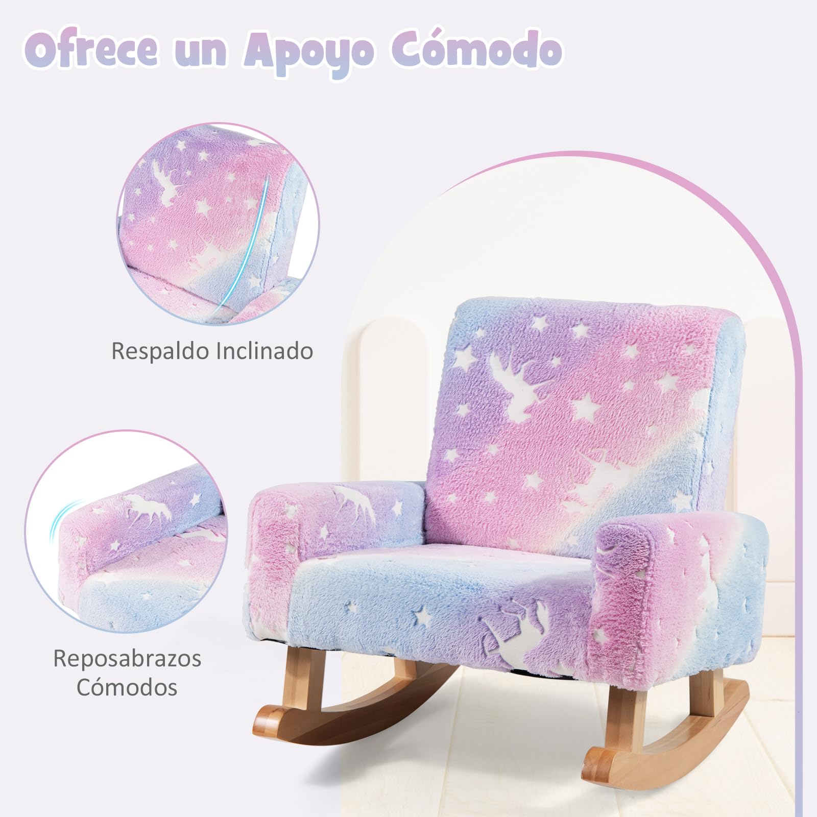 COSTWAY Silla Mecedora para Niños, Sillón Infantil Tapizado en Franela con Patas de Madera de Álamo,Brilla en la Oscuridad, Respaldo y Reposabrazos Cómodos, Sillón Balancín para Niños para Dormitorio