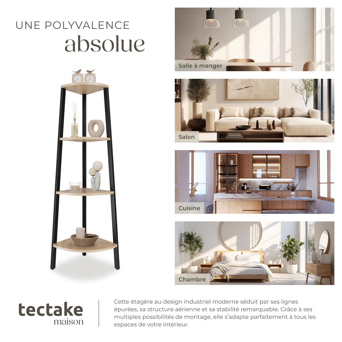 tectake® Étagère d'angle 34 x 34 x 125 cm, Bibliothèque, 4 Niveaux décalés, Style Industriel, Etagere Bois, Rangement Bureau Bibliotheque, Meuble Salon, Etagere Rangement Chambre, Bureau, Bois Clair