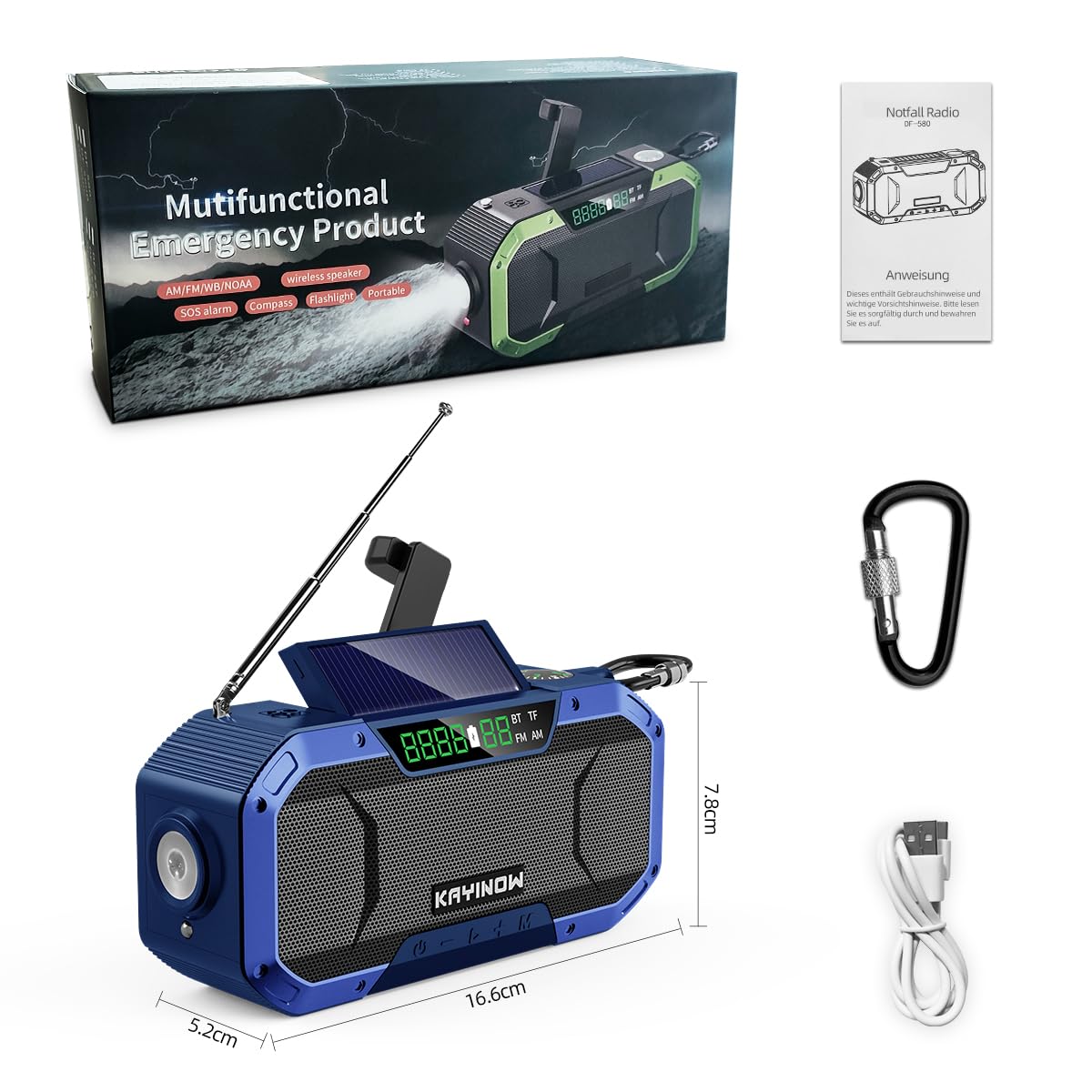 KAYINOW Dynamo Solar Survival Radio - Głośnik Bluetooth, wodoodporne przenośne radio AM FM, 5000 mAh, akumulator, korba akumulatorowa, wielofunkcyjne radio awaryjne, kemping, SOS, latarka