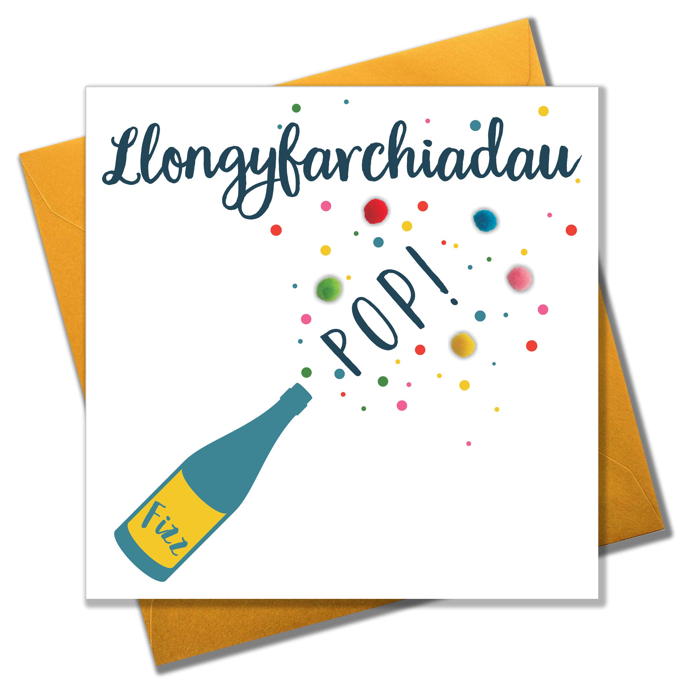 Claire Giles Greeting Cards, Welsh Congratulations Card, Llongyfarchiadau, Pop Fizz Design Well Done Greeting Card, Pompom Embellished