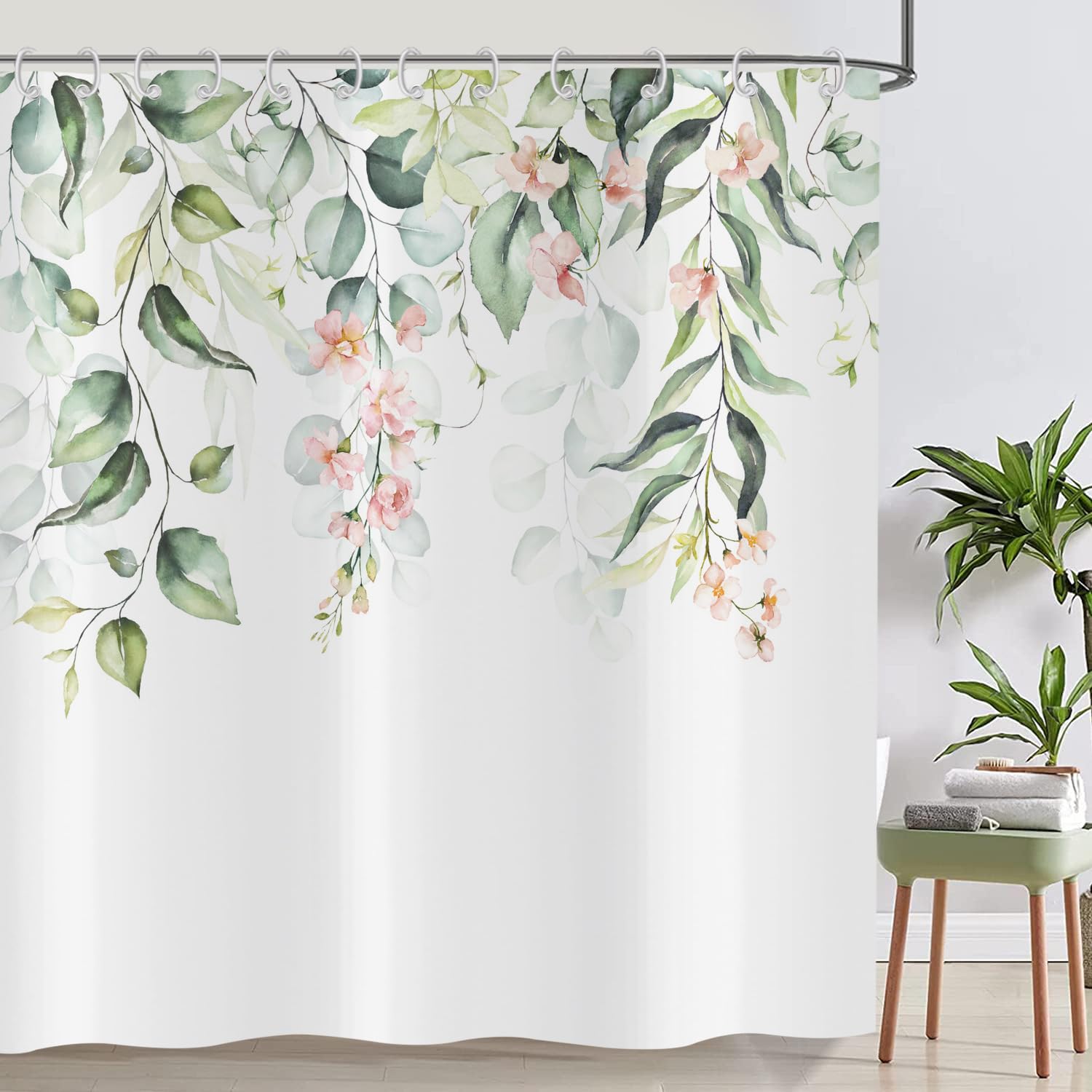 ASDCXZ Flower Shower Curtain 180x180 cm, Spring Simplicity Rose Flower Green Leaves White Bath Washable Shower Curtains Polyester Textile Waterproof Bath Curtain for Bathtub with 12 Hooks โ image 1