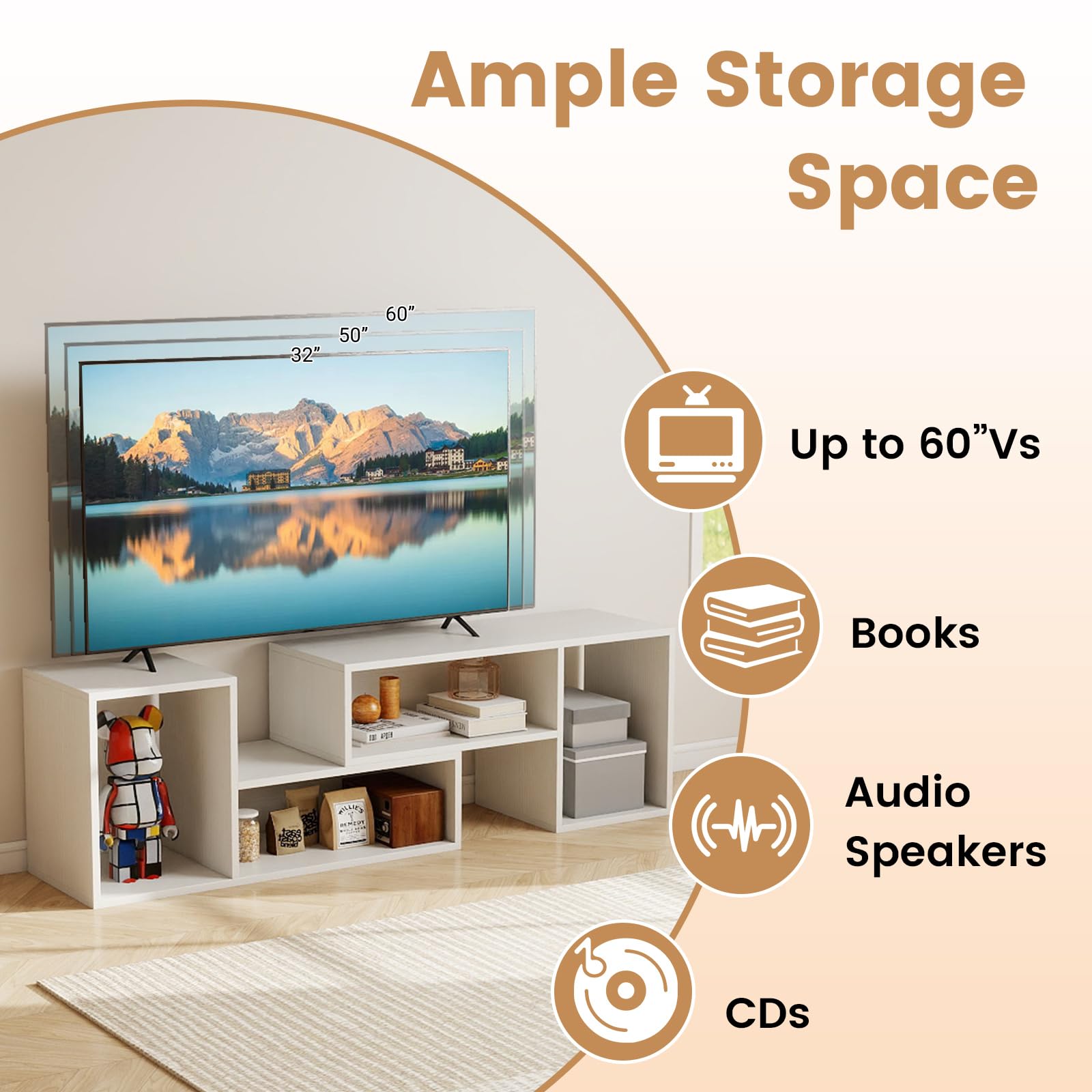 GIANTEX Meuble TV Combiné Libre avec Étagères Ouvertes, Meuble Télé 2 Pièces en MDF 50-60 Pouces, Meuble TV Bois pour Salon Chambre et Bureau, 110-134,5 X 30 X 43 CM (Blanc)