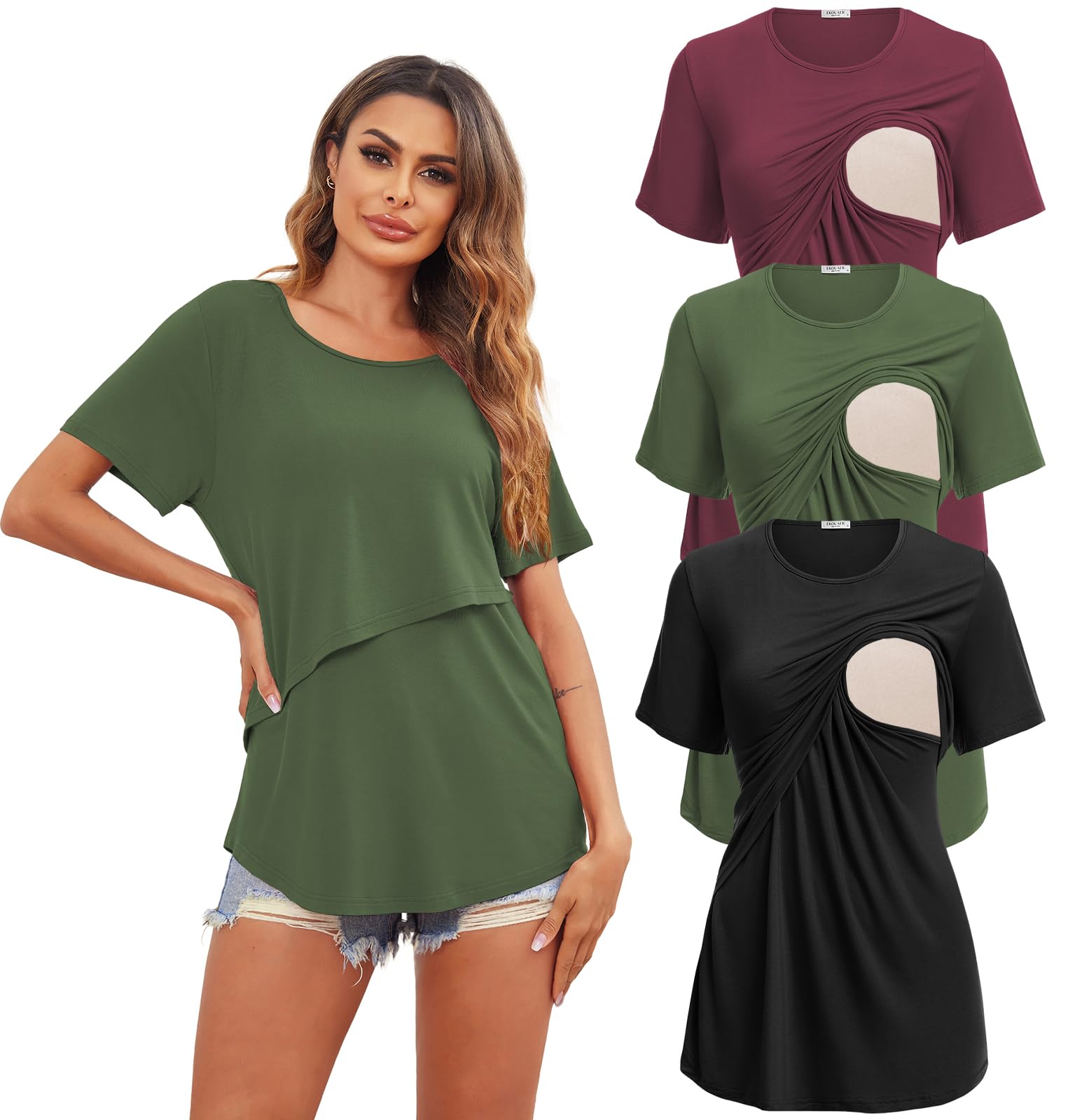 Ekouaer Stillshirt Model Umstandsmode 1er/3er Pack Weich Kurzarm Sommer Still Tshirt Stilloberteile Damen Stilltop für Schwangere