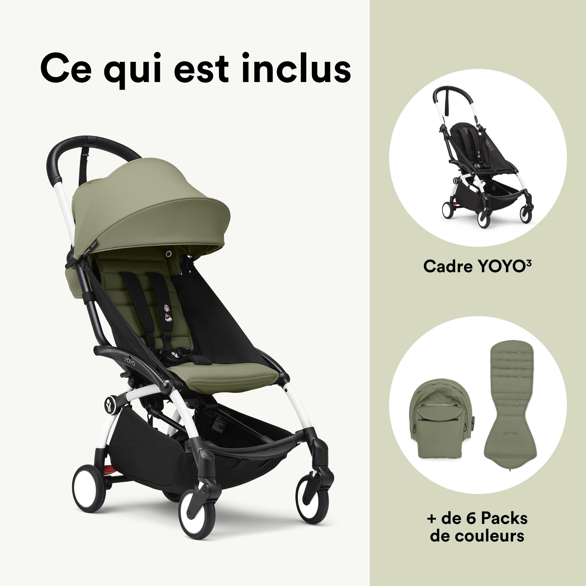 Poussette Stokke YOYO3 6+ - Cadre blanc + pack couleur 6+ olive + capote - Pliage facile, légère et compacte - Compatible bagage cabine