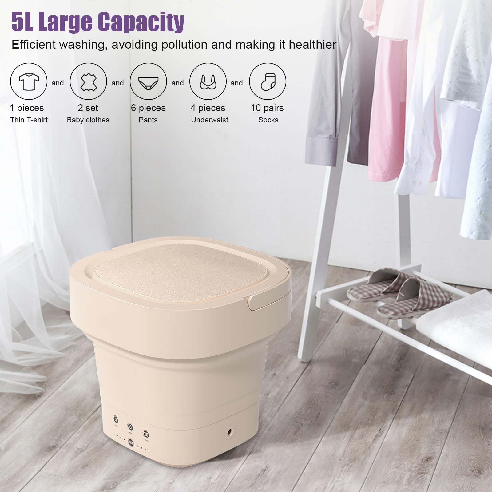 Składana mini pralka, pojemność 10 l, przenośna pralka, ultradźwiękowa pralka turbinowa z zasilaczem USB, pojemność prania 2 kg, mini pralka do domu lub w podróży (żółta)
