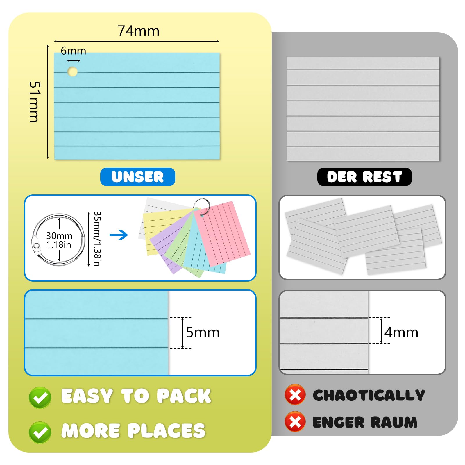 Flash Cards 600 stuks A8 veelkleurige lijnen met 7 bindringen, geperforeerde Bristol-kaarten, revisiekaarten en indexen voor school, kantoor en woordenschatstudie