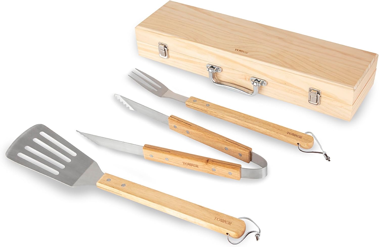 Tower T932005 BBQ 4 Piece Tool Set with Wooden Handles and Carry Case, Stainless Steel