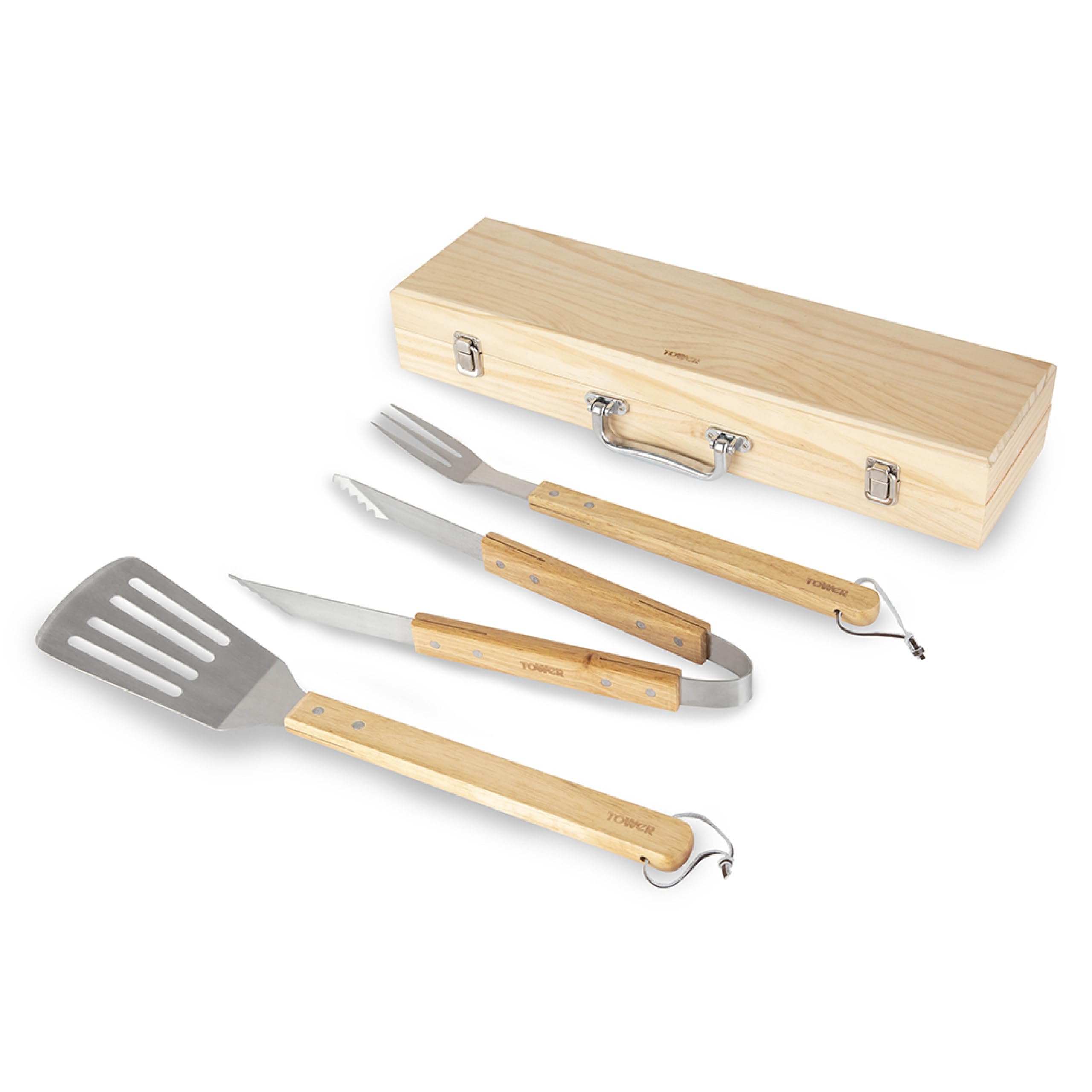 Tower BBQ 4 Piece Tool Set with Wooden Handles and Carry Case, Stainless Steel, T932005