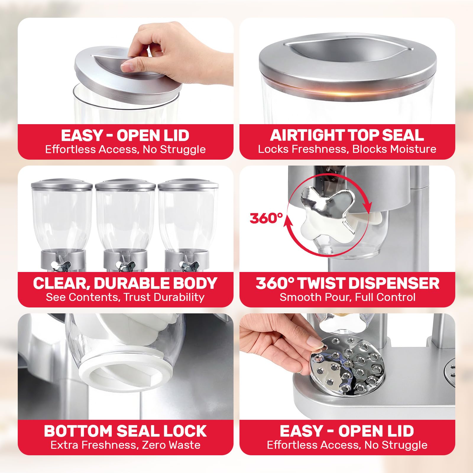 Sinceroduct Cereal Dispenser Countertop 2 l, set di 3 distributori per il piano di lavoro, dispenser ermetico per cereali, riso, grani, caramelle, chicchi di caffè