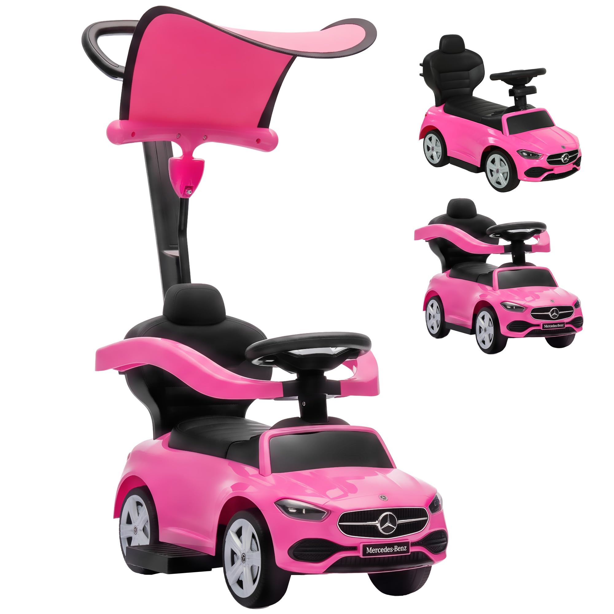 AIYAPLAY Pchacz-jeździk 3 w 1 Mercedes-Benz, z rączką do prowadzenia, daszkiem, barierkami, klaksonem i muzyką, schowek, 12-36 miesięcy, różowy