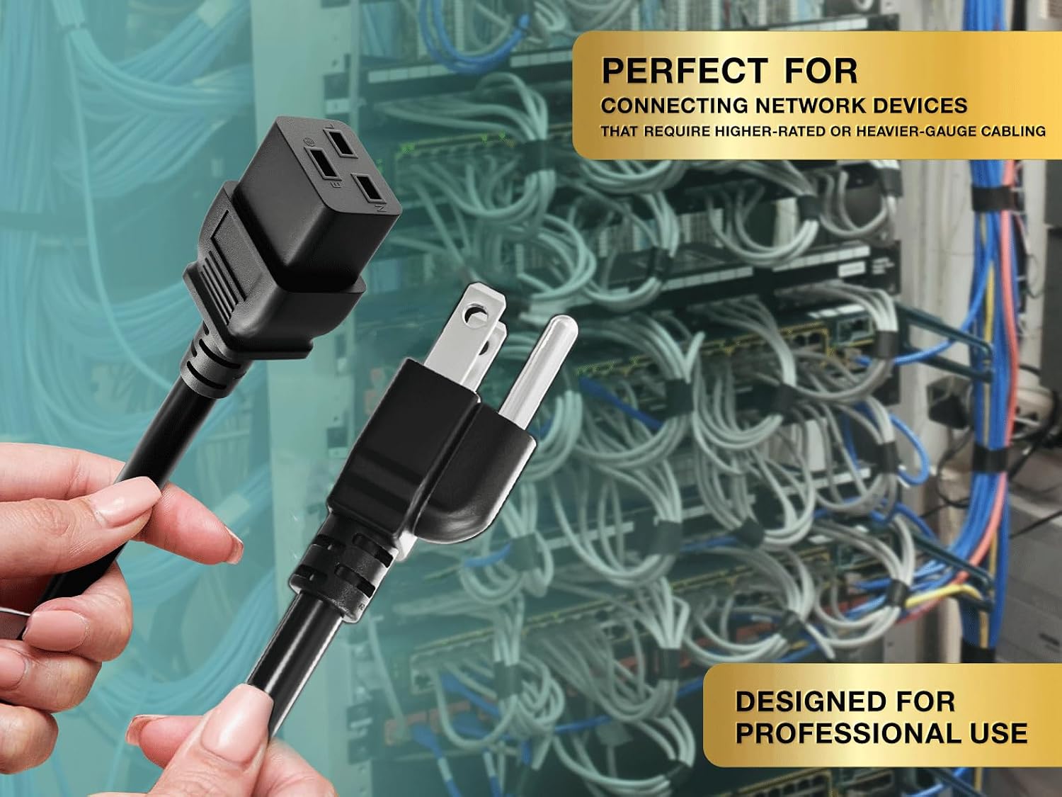 Cable Leader 15ft 14 AWG Power Cord 5-15P to IEC320 C19 Three Horizontals, 15A/125V, Power Line for Servers, high-Power Computers, PDUs, UPS Systems, Black