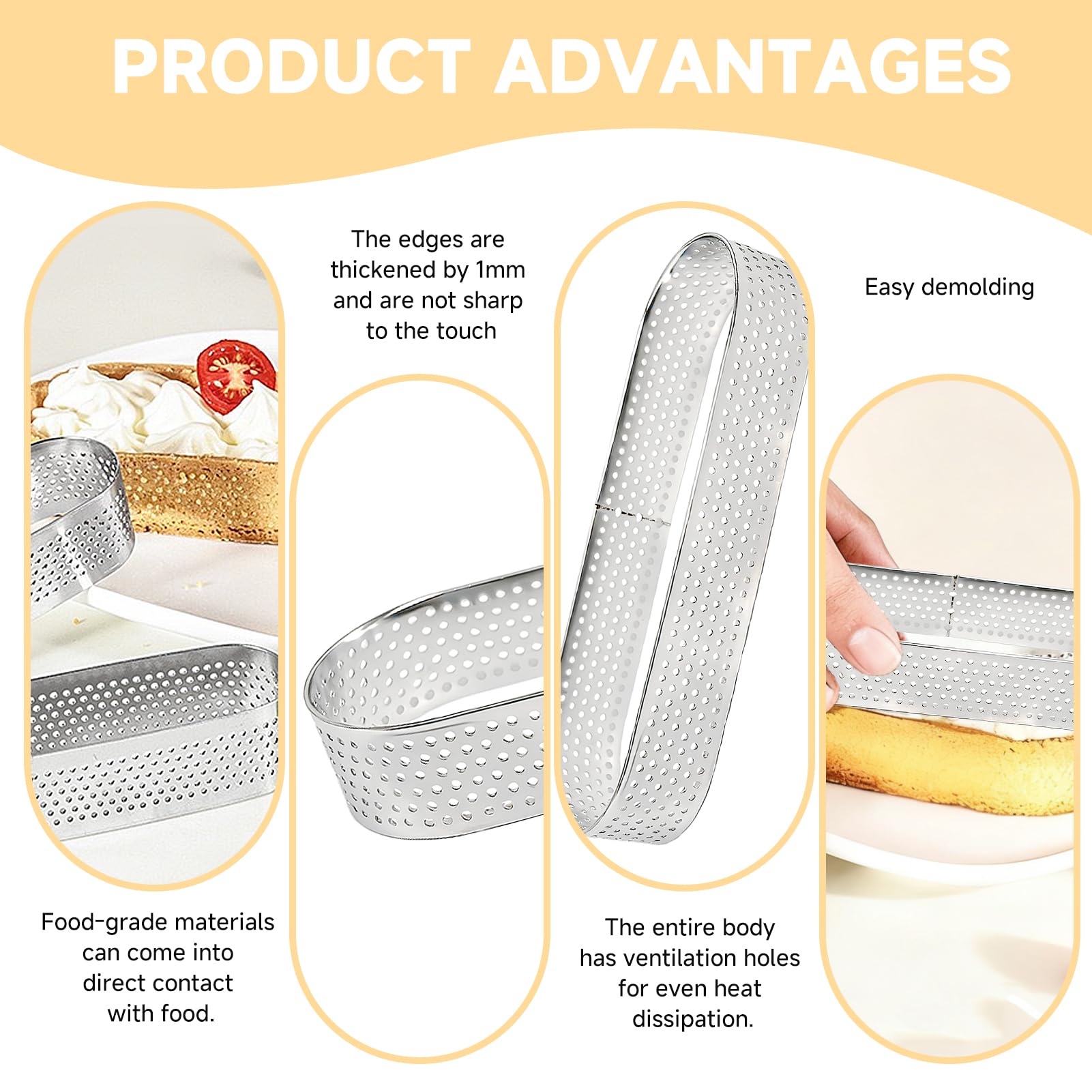 Cerchio per torta anello per torta di pasticceria, set di 6 stampi in acciaio inossidabile a forma ovale, resistenti al calore, perforati per torte in schiuma