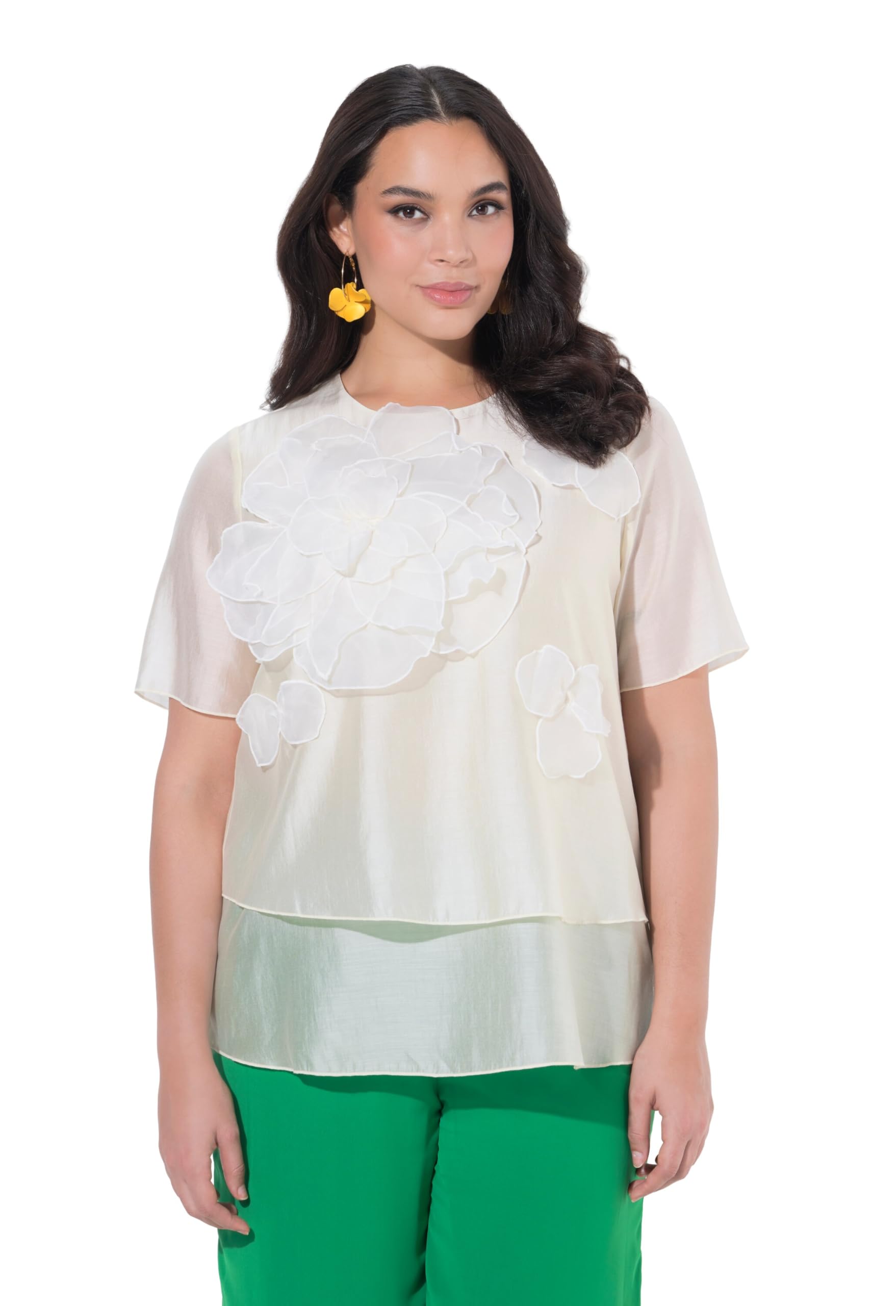 Ulla Popken Damen große Größen Übergrößen Plus Size Chiffonbluse, Blüten-Applikationen, Rundhals 849458