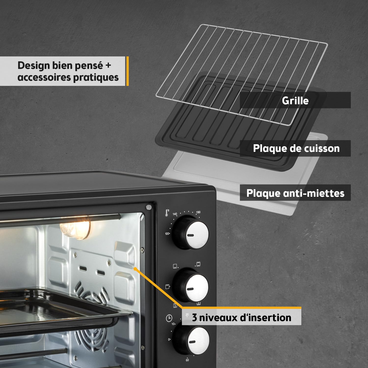 TZS First Austria - Mini Four 20L 1380W - Four avec réglage de la température jusqu'à 230°C - Avec minuteur de 60 min, 3 hauteurs d'insertion, plaque et grille - Pour petites cuisines et camping