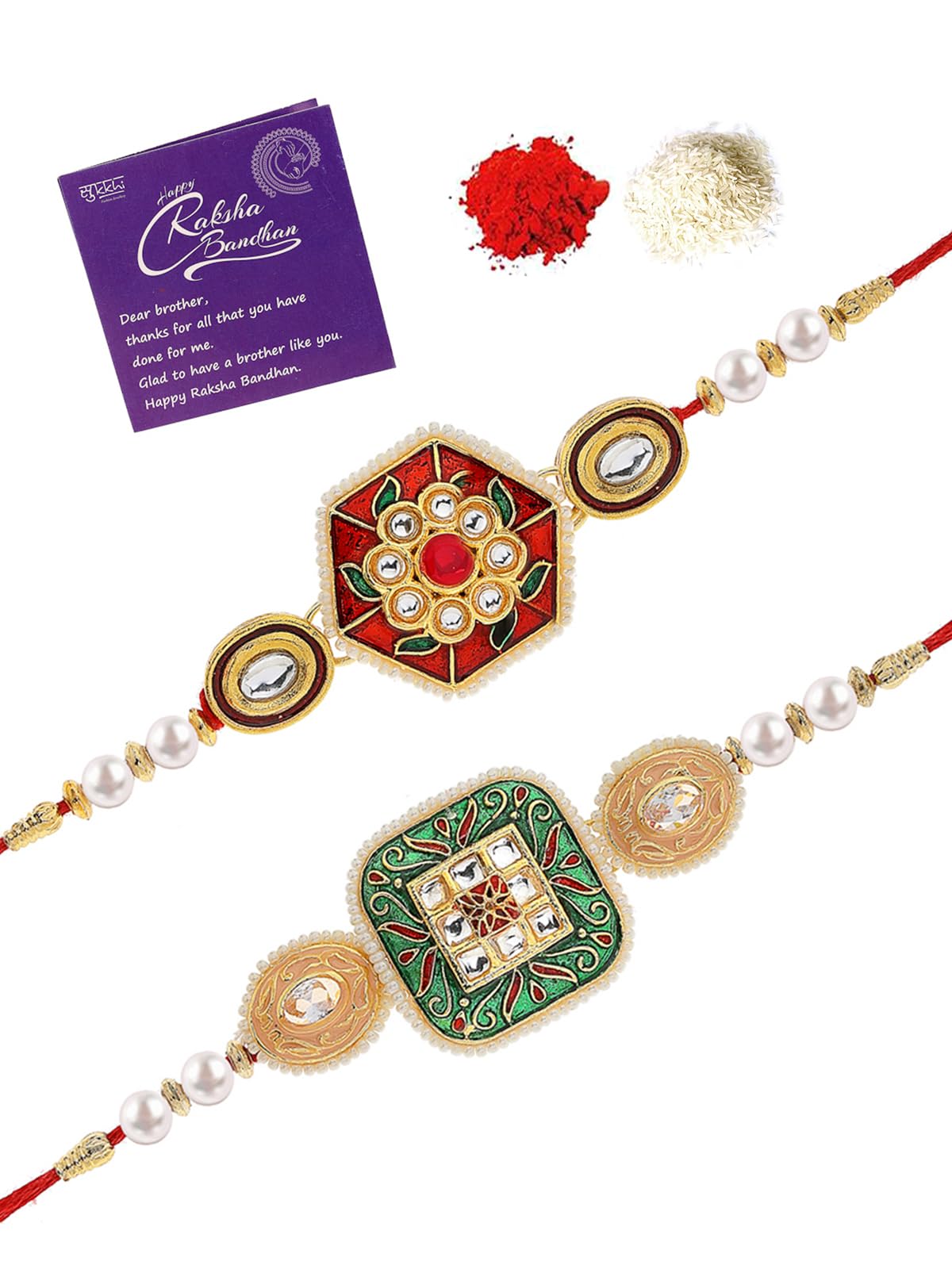 Fashion-Forward Kundan & Pearl Designer Meenakari Gold Plated Premium Rakhi for Brother With Roli Chawal & Greeting Card|Rakhi for Brother/Bhaiya/Bhai/Men|Rakhi Combo-Set of 2|CBRAK106966-image-30