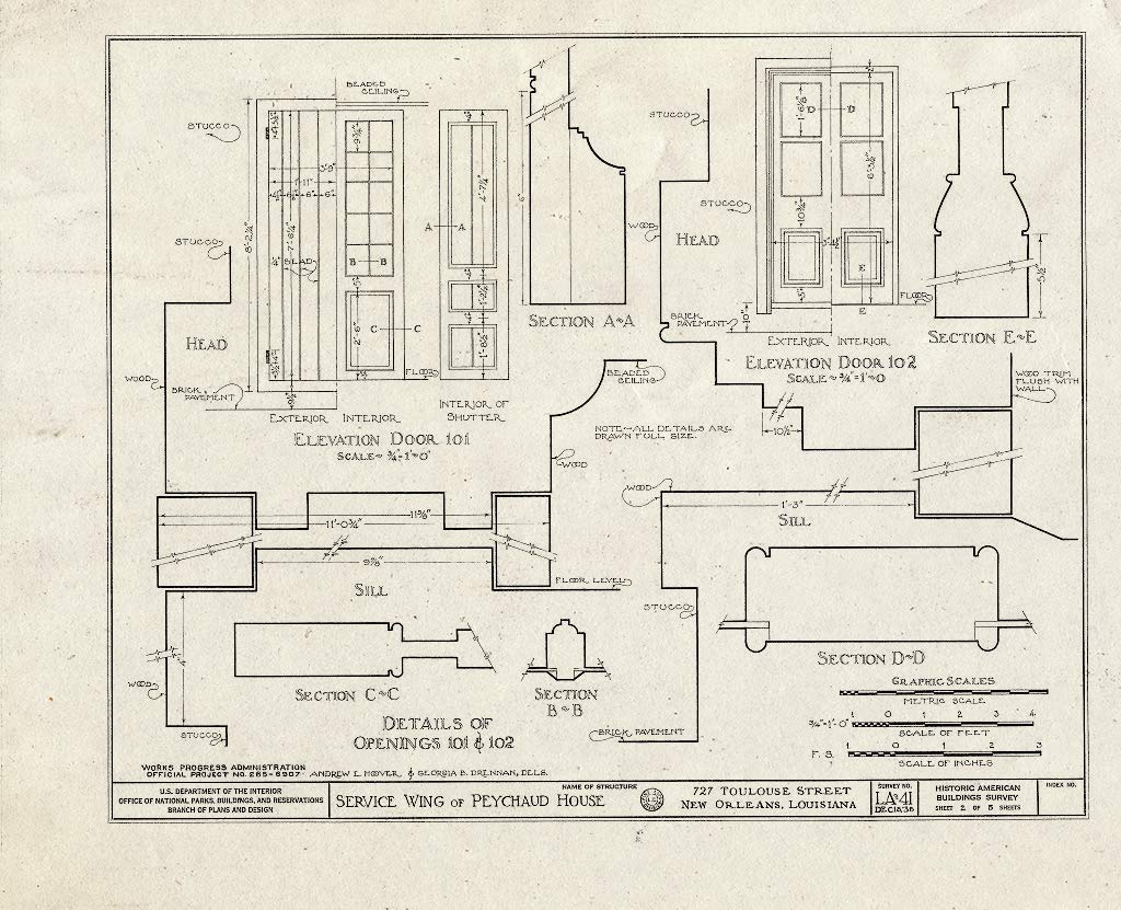Historic PictoricBlueprint HABS LA,36-NEWOR,17- (Sheet 2 of 5) - Vieux Carre Squares, Peychaud House (Service Wing), 727 Toulouse Street, New Orleans, Orleans Parish, LA 24in x 18in