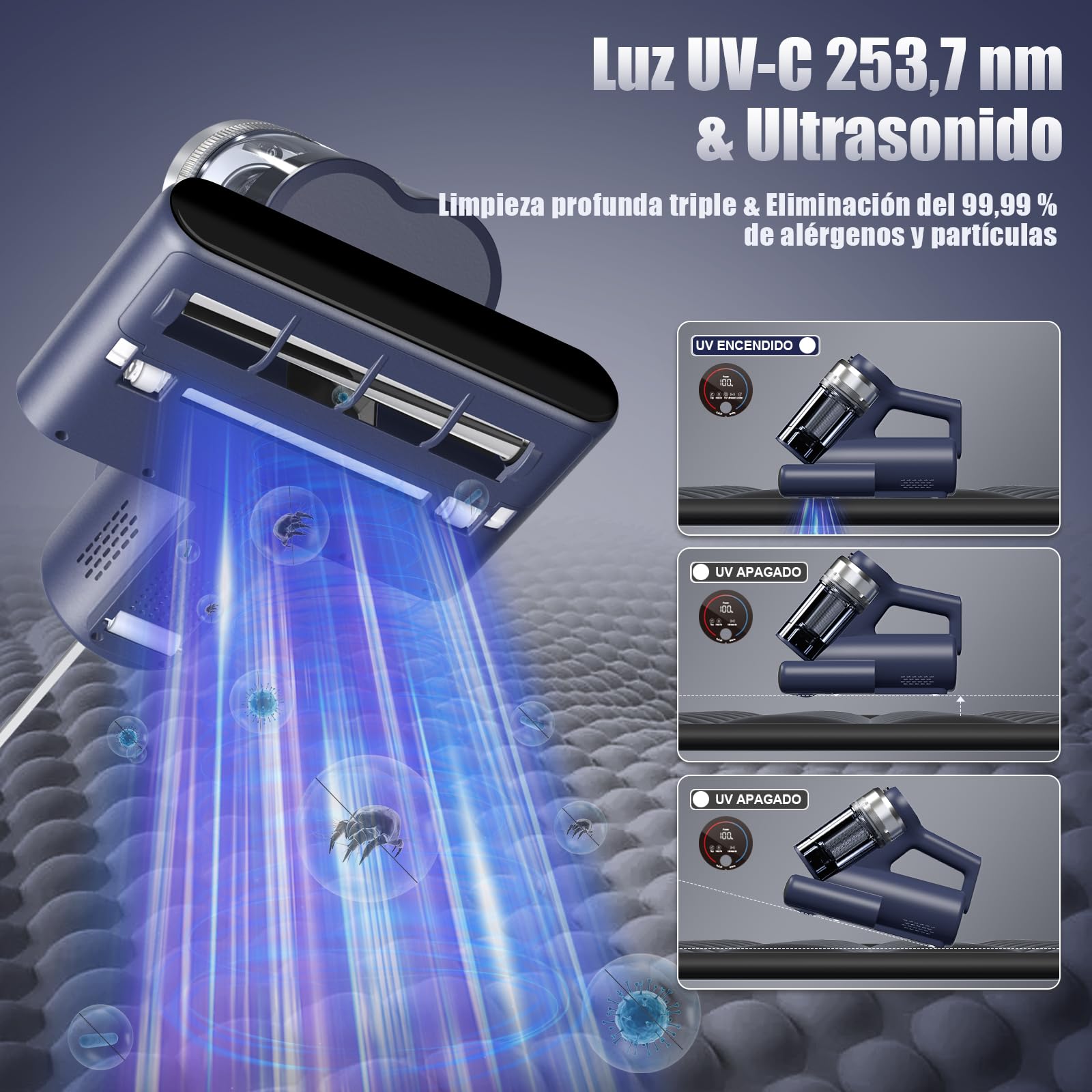 Aspiradora Antiacaros con Luz UV, 16 Kpa, Filtro Hepa Aspirador de Ácaros para Colchones, CalefaccióN A 65 °C, Ultrasonidos, Aromaterapia, FiltracióN Dual CiclóNica para, Camas Y SofáS