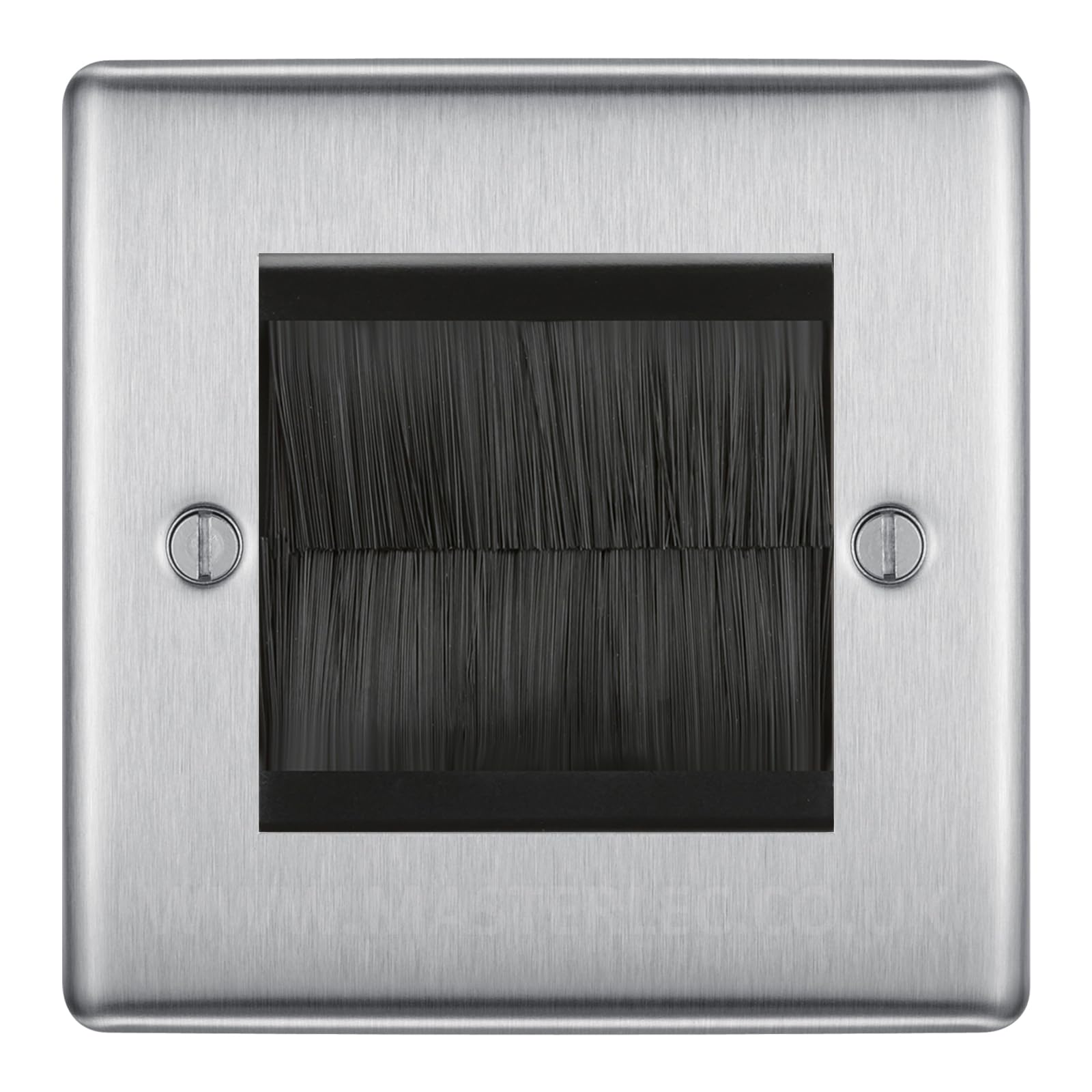 BG Brushed Steel Single 2 Gang Brush Cable Entry Wall Plate Black Insert Square