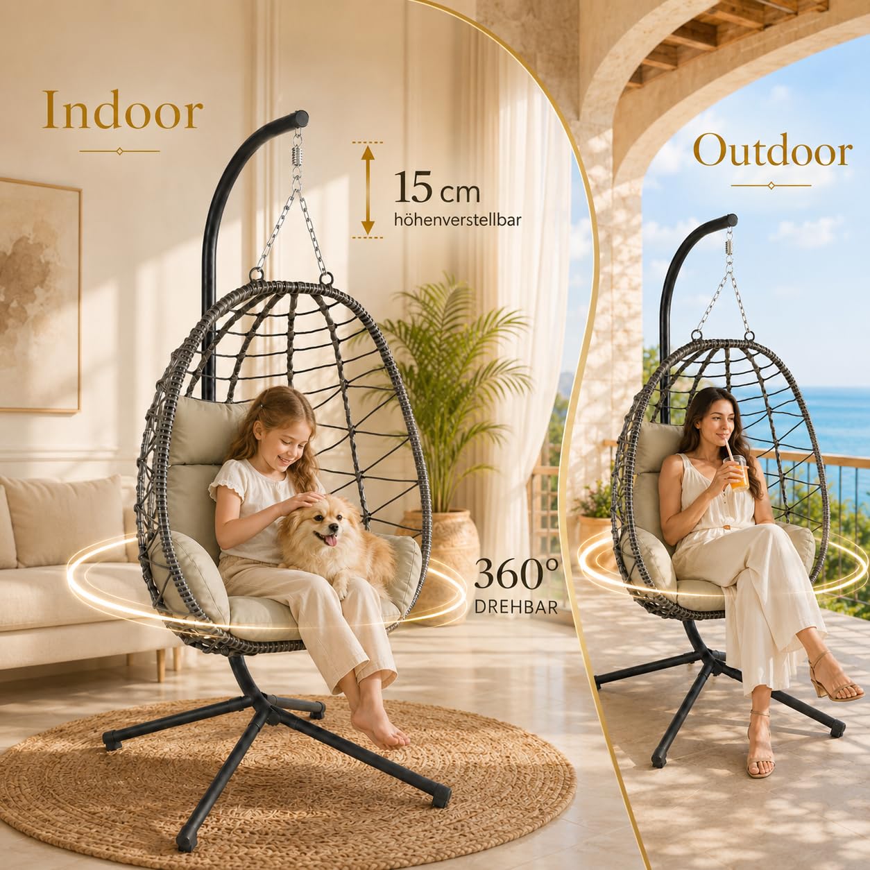 Hängesessel mit Gestell höhenverstellbar Indoor & Outdoor inkl. Kissen - Korbhängesessel bis 150 kg Garten Schaukel aus Polyrattan faltbar ergonomisch - Wohnzimmer Balkon Terrasse in Grün/Grau