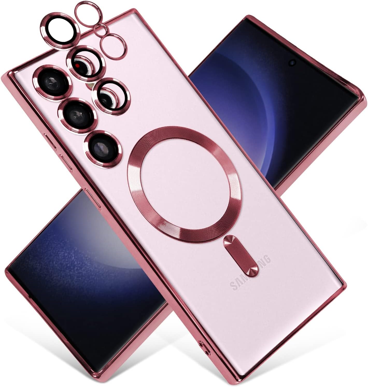 E Choice Galaxy S22 Ultra Magnetic Clear Case with Camera Lens Protector, Mag-Safe Compatible Slim Thin Transparent Phone Case Cover for Samsung Galaxy S22 Ultra 6.8 Inch (Pink)