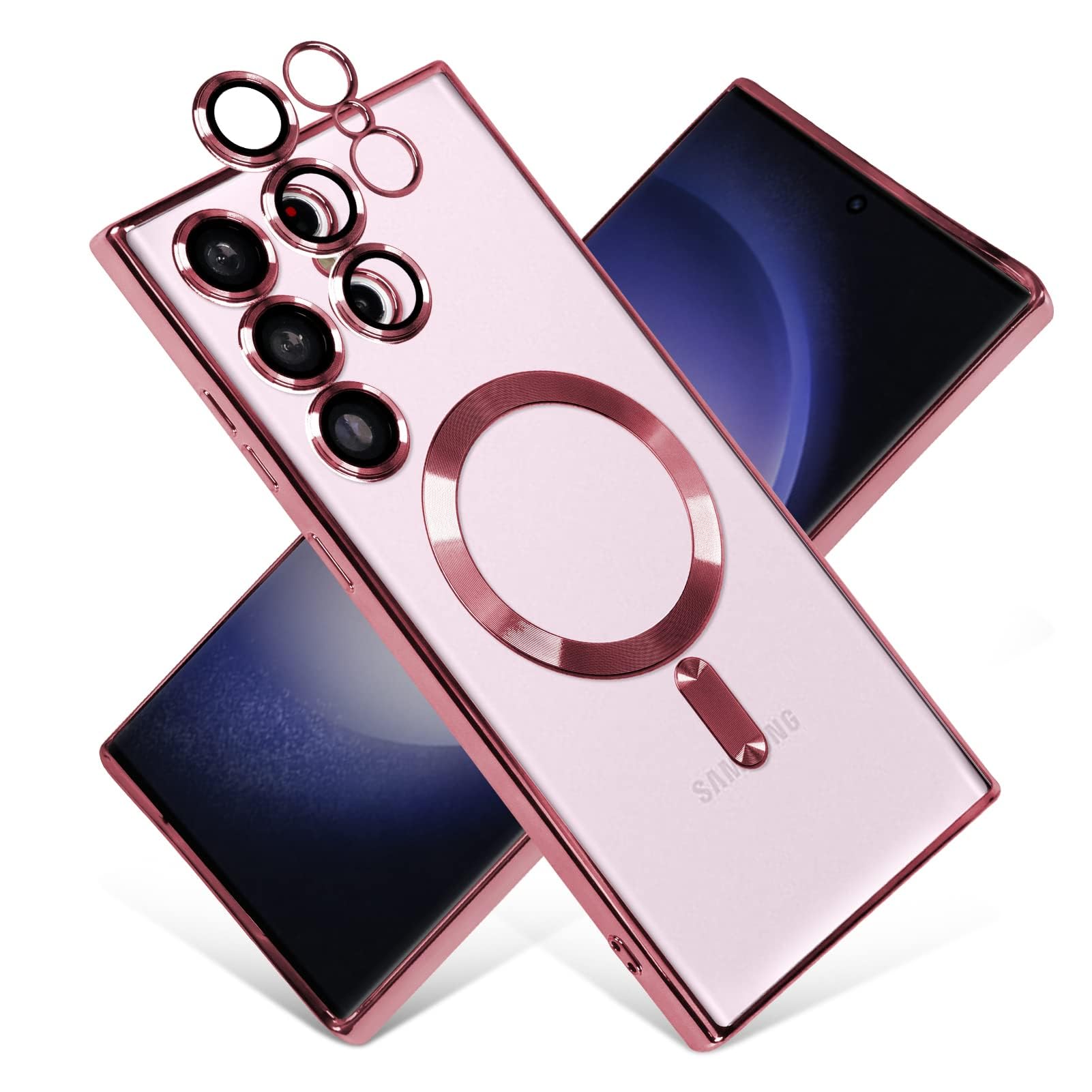 E Choice Galaxy S22 Ultra Magnetic Clear Case with Camera Lens Protector, Mag-Safe Compatible Slim Thin Transparent Phone Case Cover for Samsung Galaxy S22 Ultra 6.8 Inch (Pink)