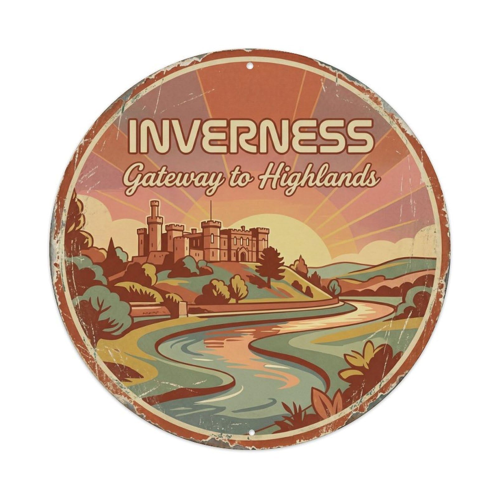 Cmhok Vintage Style-9 Vintage Travel Inverness Castle Scotland Artwork Metal Tin Sign Plaque Wall Decor For Cafe, Club, Garden Round Metal Poster 8X8inch