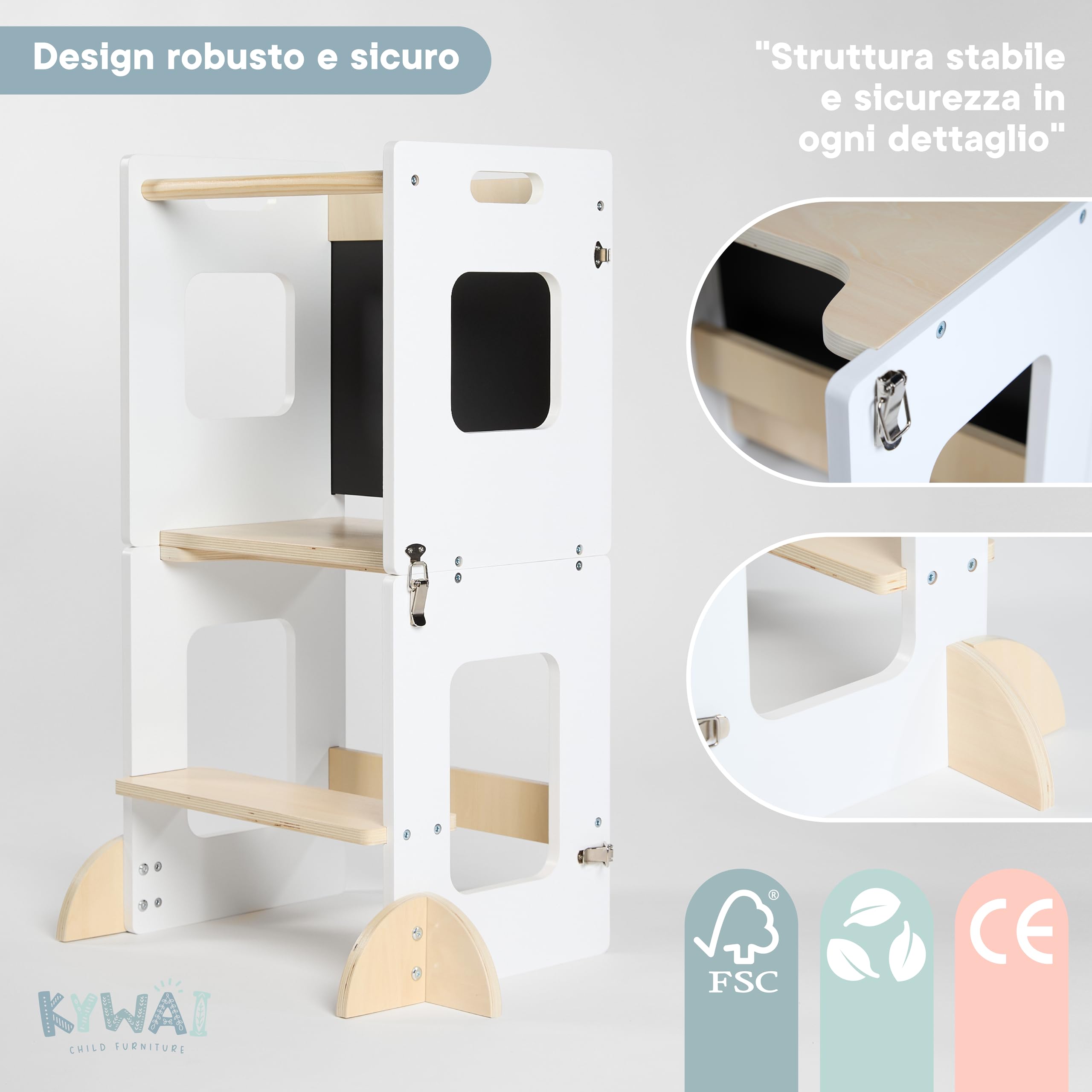 Torre Montessoriana Bambini 3 in 1 con Lavagna e Gambe di Sicurezza Scrivania Pieghevole Legno Sostenibile