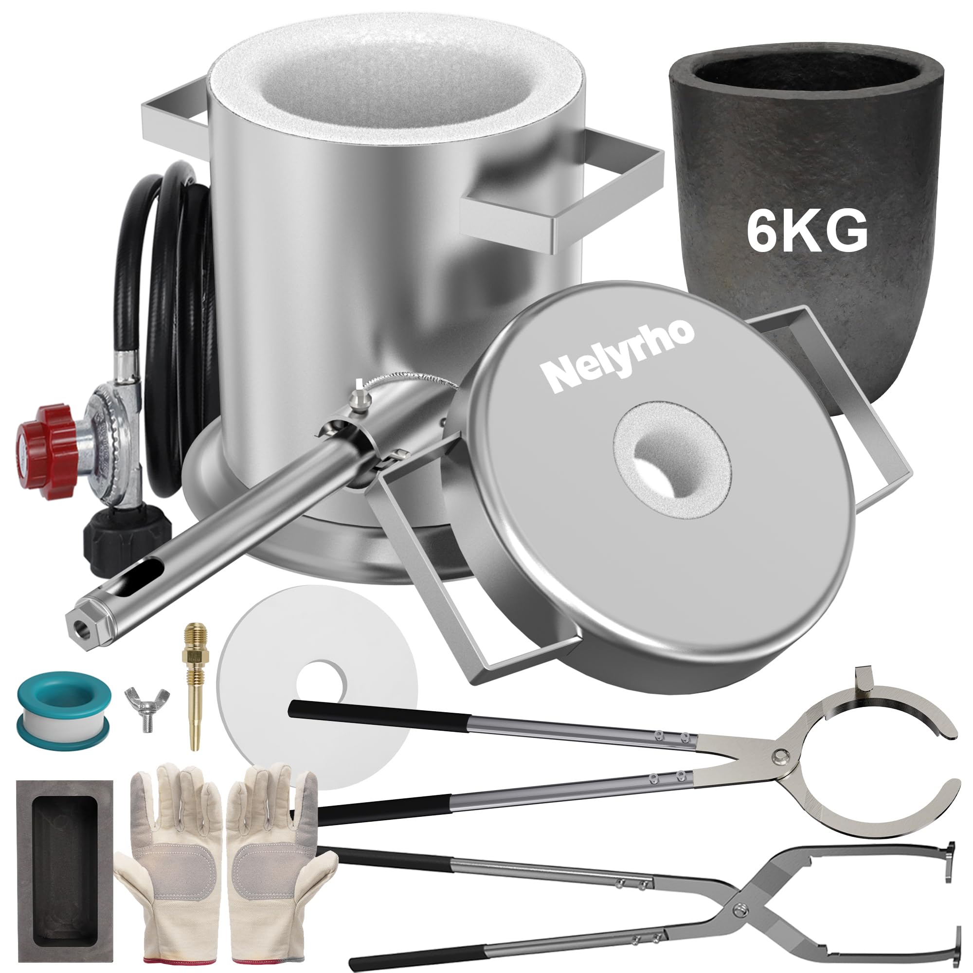 Nelyrho 6KG Propane Melting Furnace Kit with Two Crucible Tongs, Full Stainless Steel Foundry Klin Oxygen Torch Smelting Gold Silver Copper Aluminum Metal Recycle 2700℉