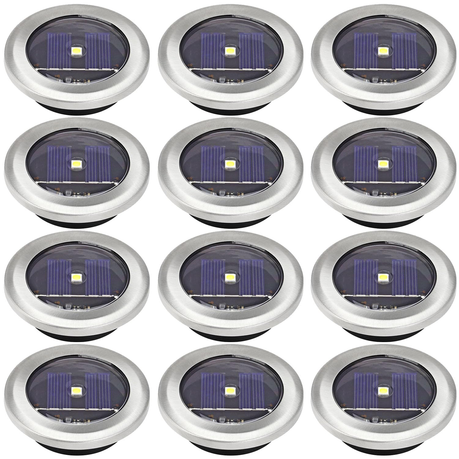 Solalite 12 Pack Solar Decking Lights Outdoor Garden Stainless Steel Solar Powered Ground Disk Lights Lamp Bright White Deck Landscape Pathway Lighting
