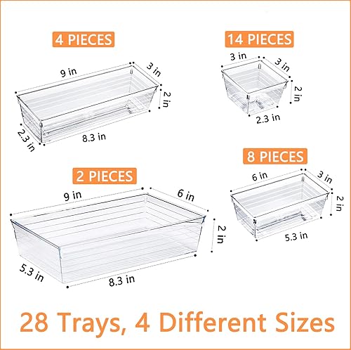 Miniatura 2 de Juego de 28 organizadores de cajones de plástico transparente, 4 tamaños versátiles bandejas organizadoras de cajones de baño y tocador,