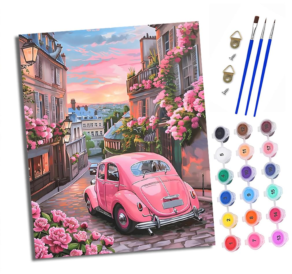 Xxhxie Pink Paint By Numbers For Adults Painting By Number Kits On Canvas Small Town Car Diy Craft Art Painting Kit Acrylic Pigment Drawing Paintwork For Gift Home Wall Decor 16X20 Inch/40X50cm