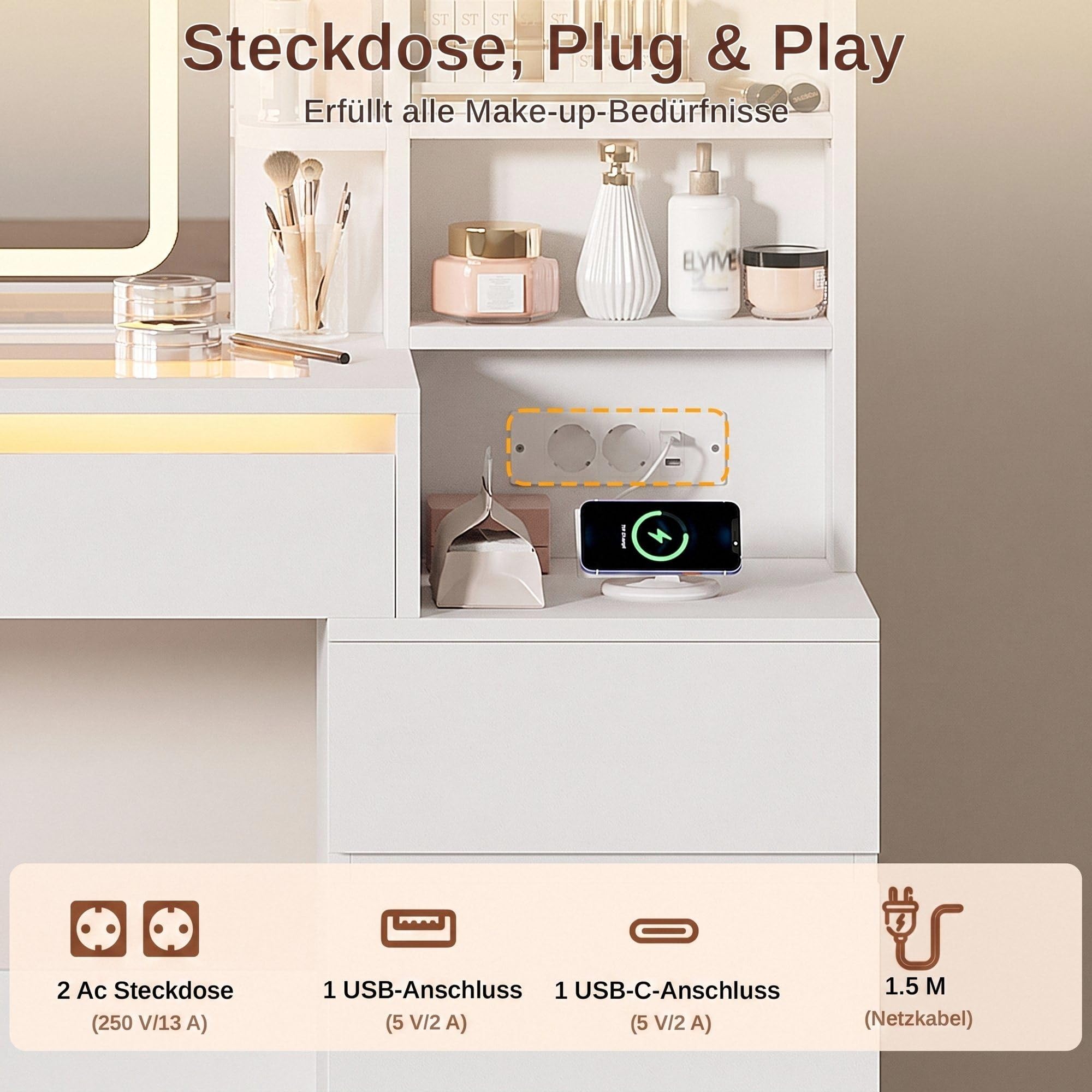 IRONCK Schminktisch mit LED-Beleuchtung, Glasplatte, Hocker & Steckdose | Schminktisch mit Spiegel, 5 Schubladen, offene Fächer, verstellbare Ablagen, 2 AC, USB-A & USB-C Anschluss, Weiß