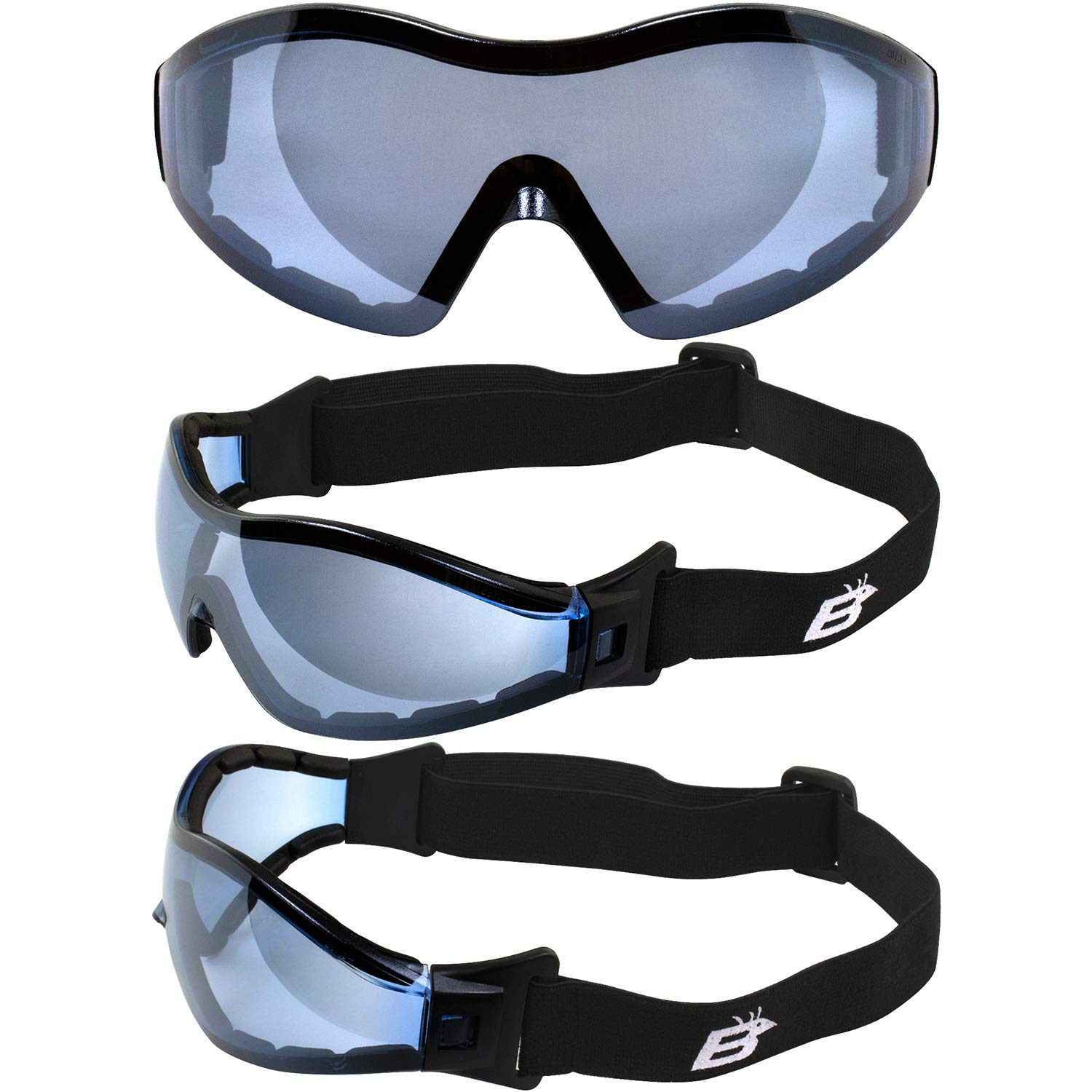 Birdz Boogie - 2 paia di occhiali imbottiti in schiuma nera per moto, sci, paracadutismo, lenti antinebbia a specchio blu e fumo