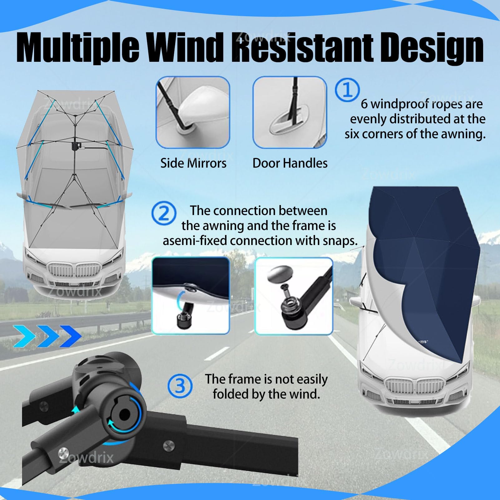 Tenda Ombrello Completamente Automatica da 5,2M con Corde Regolabili, Tettoia Mobile UPF 30+, Facile da Installare con Ventose, per SUV, Camion E Furgoni Navyblue-5.2M
