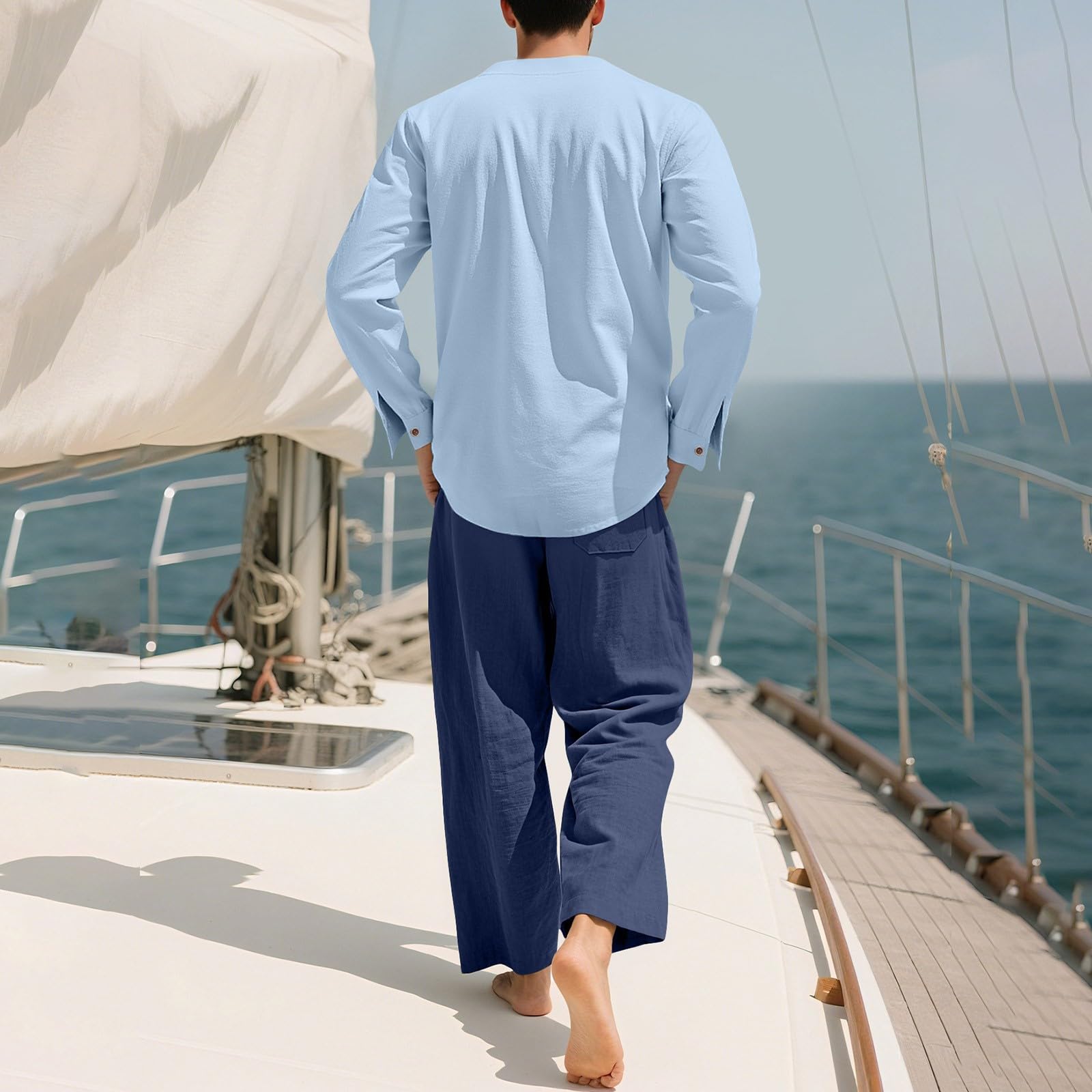 Generisch Tuta da uomo per il tempo libero, 2 pezzi, tuta da casa da uomo, elegante, casual, in tinta unita, in cotone e lino, elasticizzata, traspirante, per il tempo libero, set da jogging