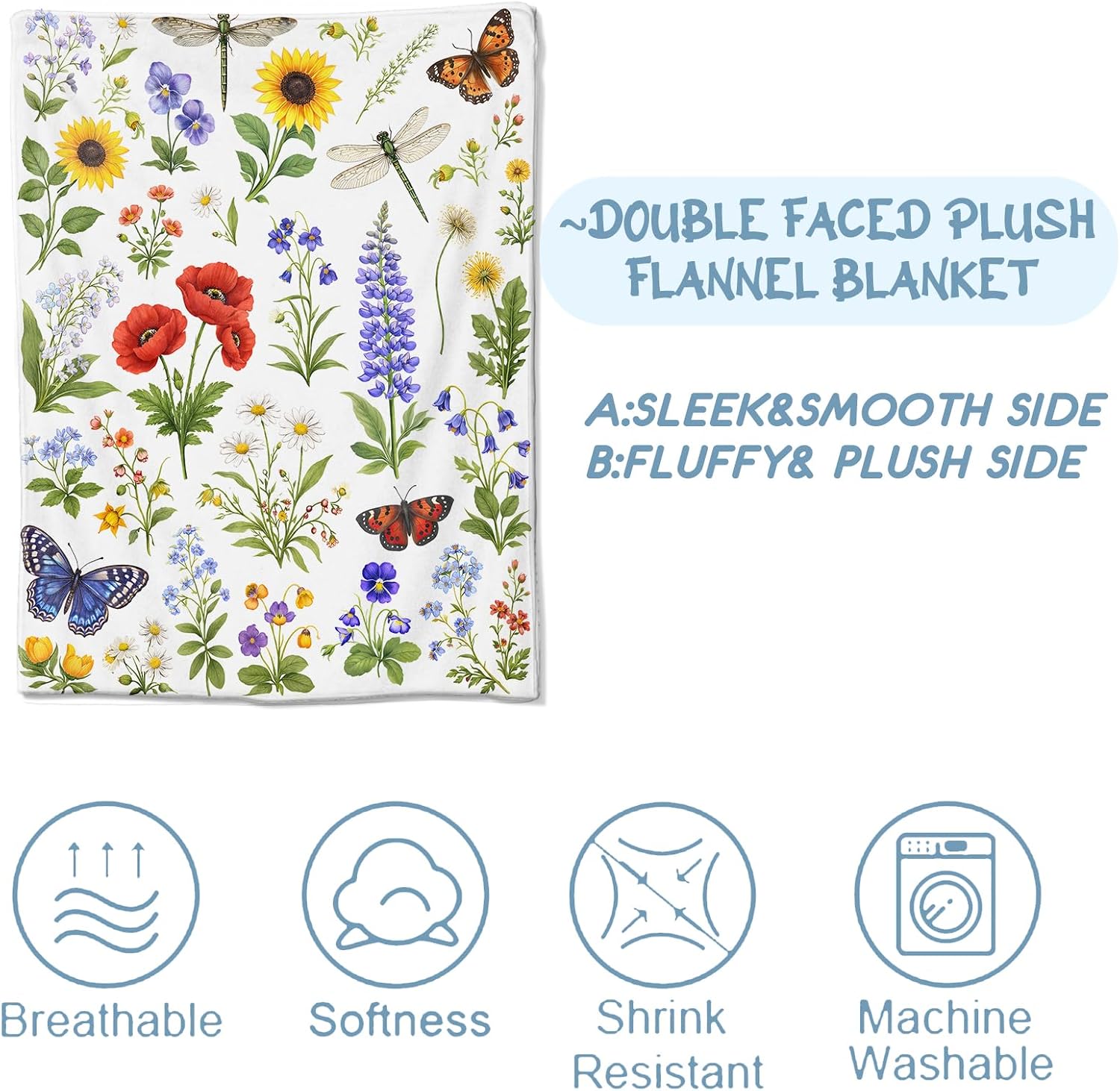 Floral Dragonfly Flannel Blanket, Soft Cozy Throw with Flower Butterfly, Lightweight Blankets for All Seasons, Vintage Garden Botanical Home Sofa Bed Decor and Gifts for Women Girls, 50x60 Inch