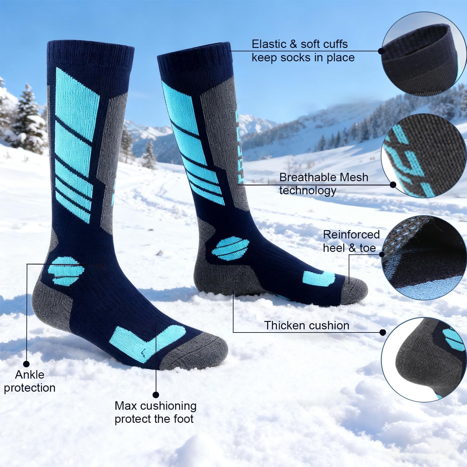 3 Pairs Men's Merino Wool Ski Socks Knee High Thermal Cold Weather Snowboard Socks with Cushioned & Arch Support for Snow Skiing, Hiking & Winter Sports - Image 3