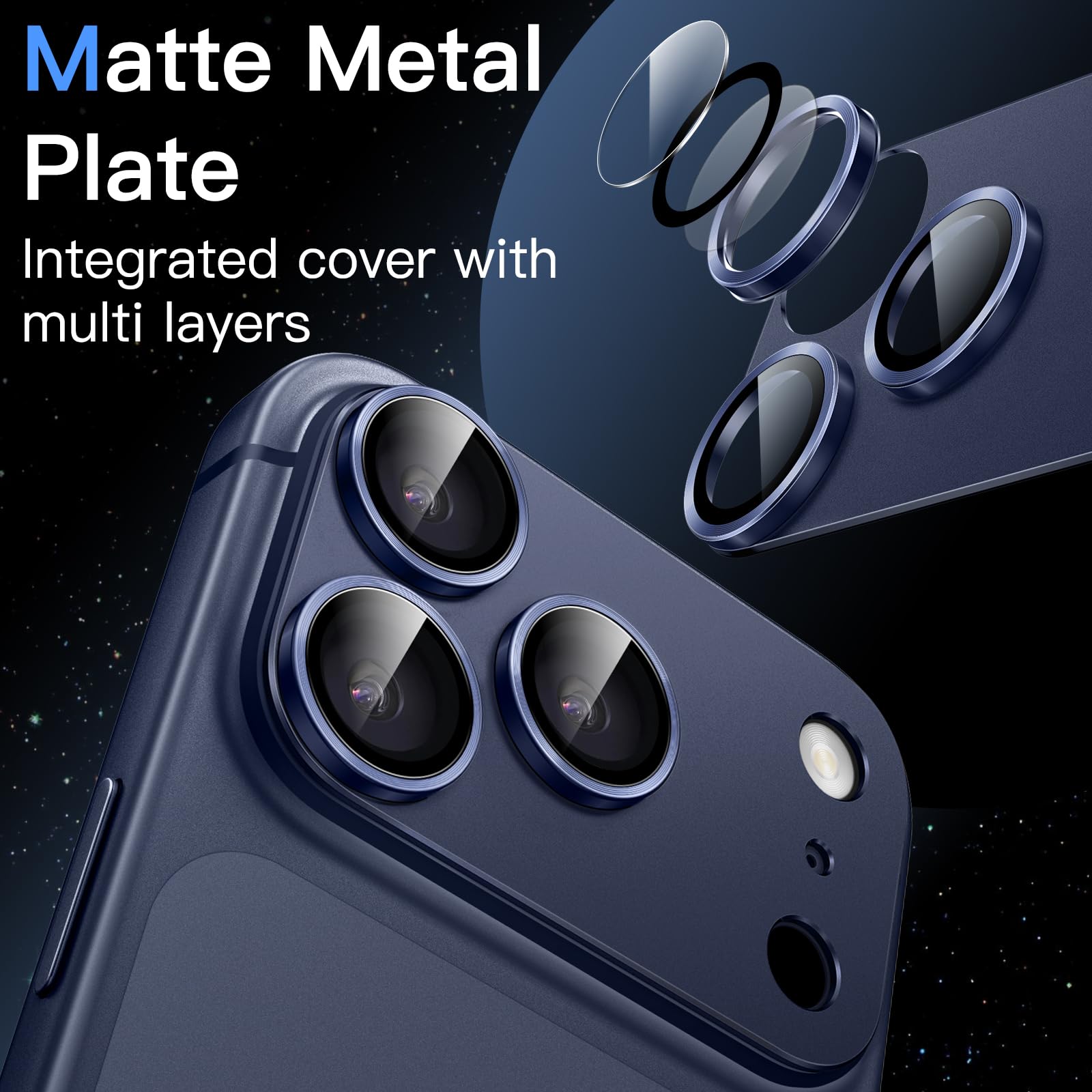 JETech Pellicola Fotocamera per iPhone 17 Pro 6,3 Pollici, Copertura Totale 9H Vetro Temperato Anello Cover, Piastra in Metallo Opaco, Compatibile con Cover, Pacco da 1 (Blu profondo)