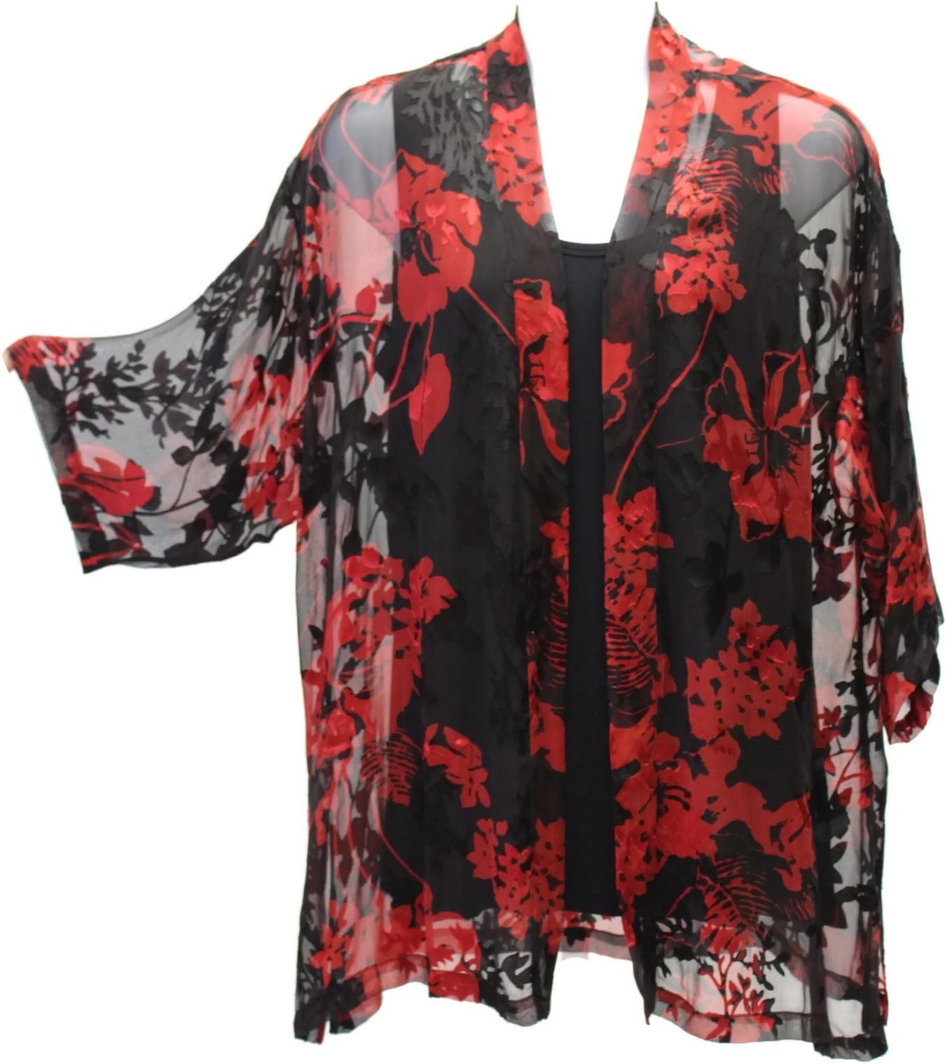 Women's Hand Painted Red Floral Silk Kimono Jacket Plus Size Art to Wear