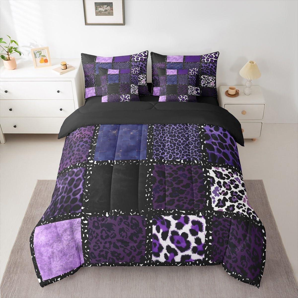 Purple Leopard Print 7 Pieces Bedding Set Queen Size,Animal Skin Texture Bed in a Bag,Patchwork Geometric Bed Set Includes Comforter,Sheet Set,Pillowcases & Pillow Covers,Farmhouse Bedroom Decor