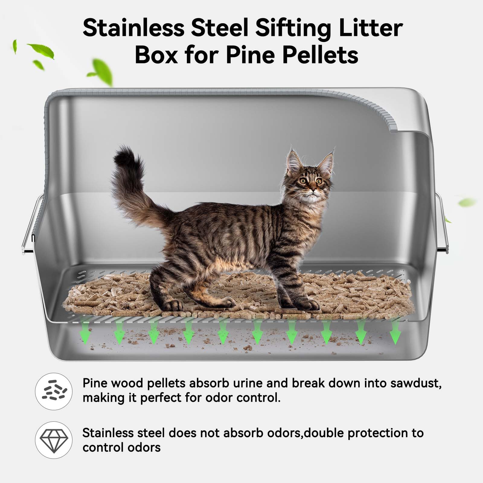 XXL All Stainless Steel Sifting Litter Box for Pine Pellets,Sifting Cat Litter Box with Lid,16''High Sides Metal Sifter Litter Pan System for Big Cats,Odor Control,Easy to Clean - image 3