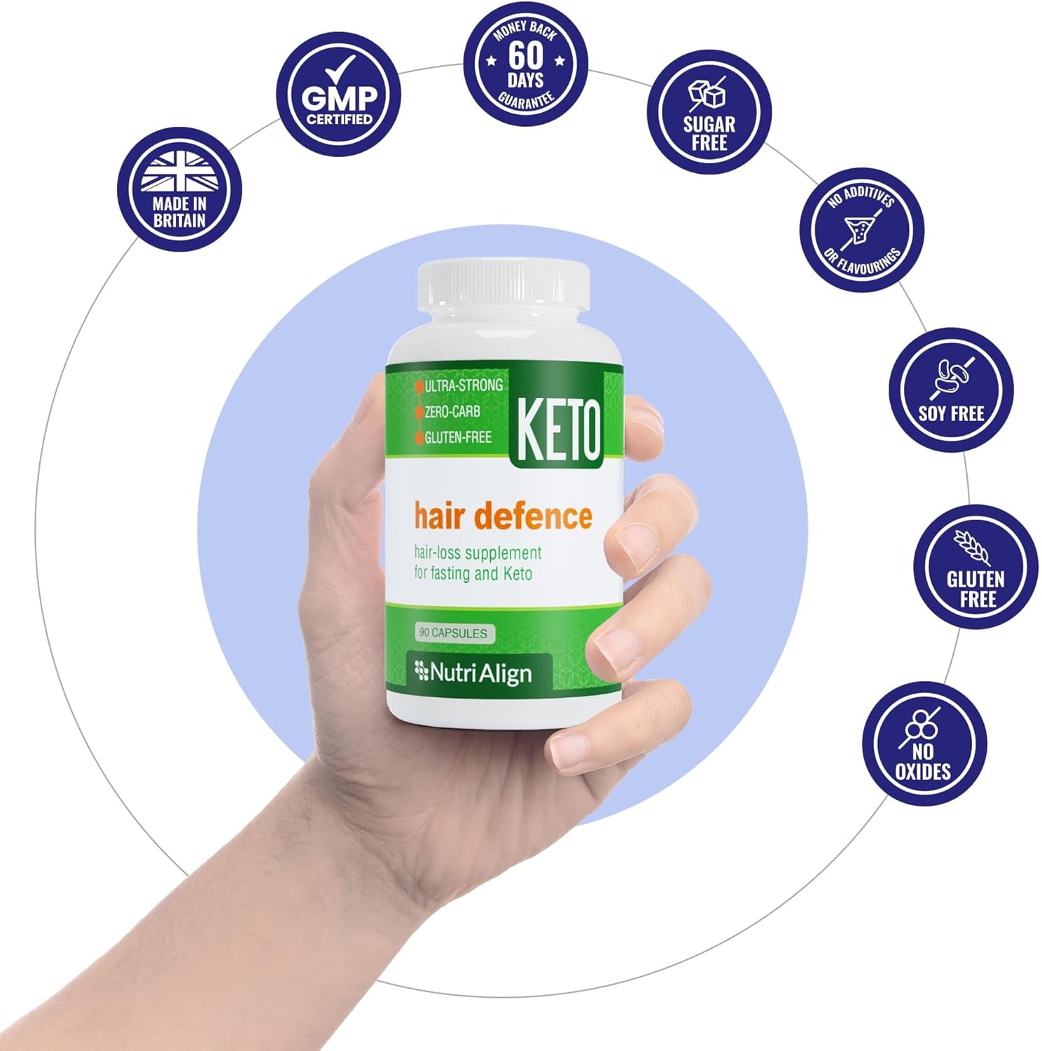 Nutri-Align Hair Defence Biotin Complex for Keto and Fasting | 90 Capsules | High Strength Hair Growth Biotin - 2500mcg per Capsule | Vitamin A, Folic Acid & Calcium