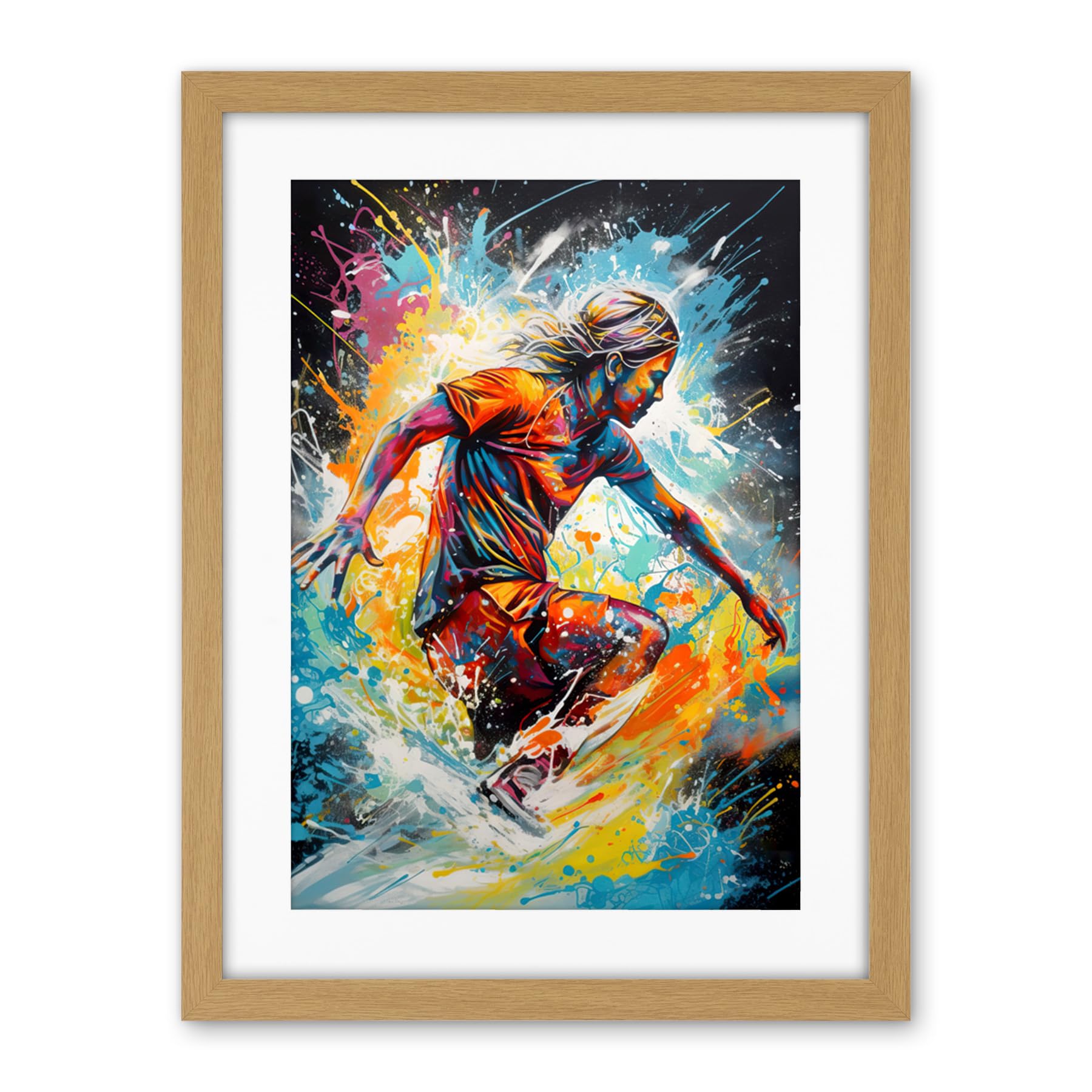 Artery8 Surfer Surfing on Splatter Paint Crashing Waves Artwork Framed Wall Art Print 18X24 Inch