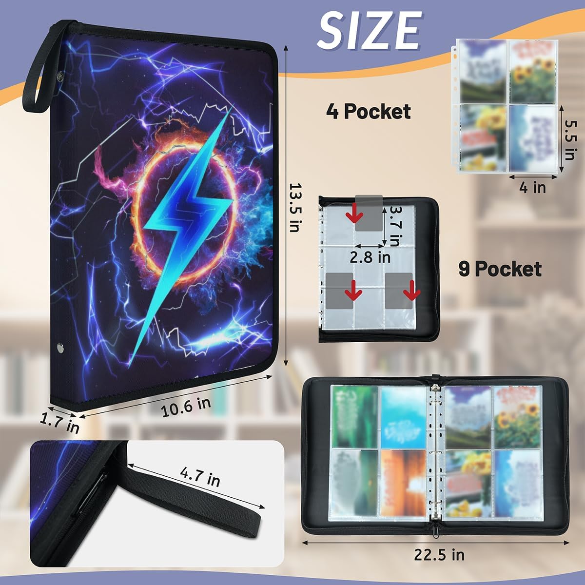 Cool Lightning Trading Card Binder 9 Pockets, Collectible Trading Card Albums, Pockets Card Binder Holds 900 Cards, 50 Sheets Game Card Storage Case With Zipper for TCG MTG Cards