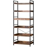 HCHQHS Adjustable 6 Tier Open Bookcase, Rustic Farmhouse Book Shelves, Industrial Wood and Black Metal Bookshelves, Mid Century Bookcase for Home Office Living Room Bedroom