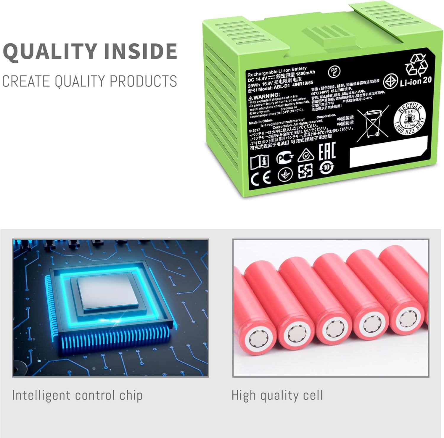 ABL-D1 Battery for iRobot Roomba e e5 e6 e5150 e5152 e6198 and i Series i3 3150 i3+ 3550 i4 4150 i4+ 4552 i6 I7 i7158 i7+ 7150 7550 J7 J7+ i8 Plus Vacuum Replacement 4624864 4INR19/65 1800mAh/26Wh