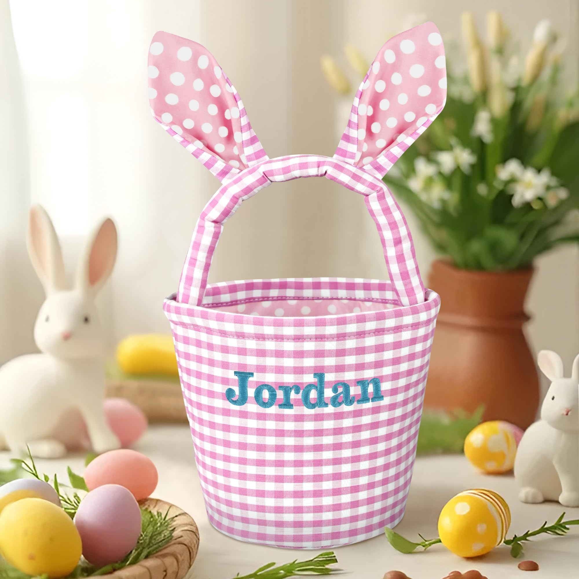 Easter Basket for Kids, Zmoicky Easter Bunny Basket, Personalized Easter Baskets, Easter Basket with Name - Bunny Pink Grid Basket