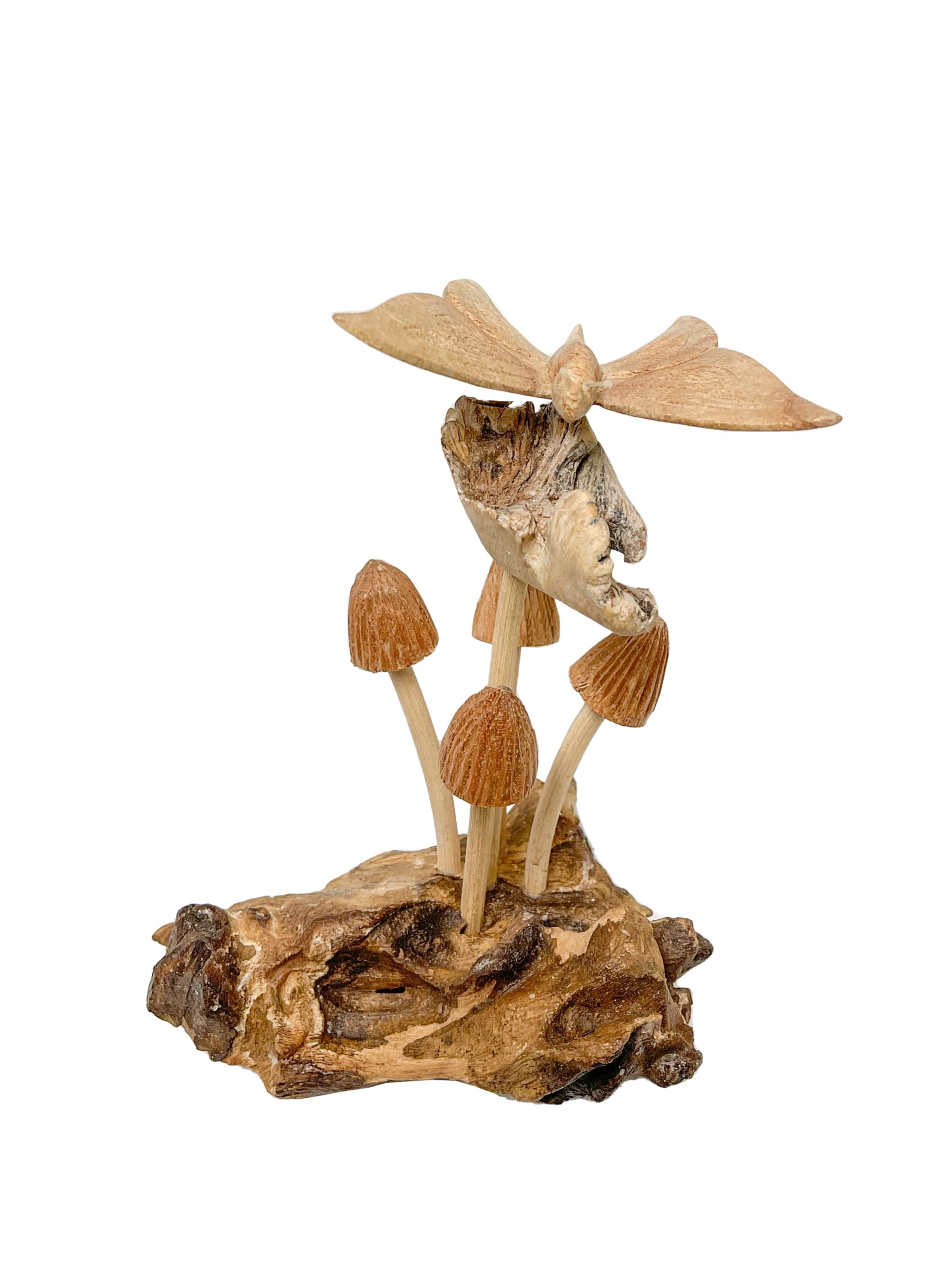 My Family House Brown Hand Carved Butterfly Ornament On Wooden Carved Mushrooms Toadstools With Log Base